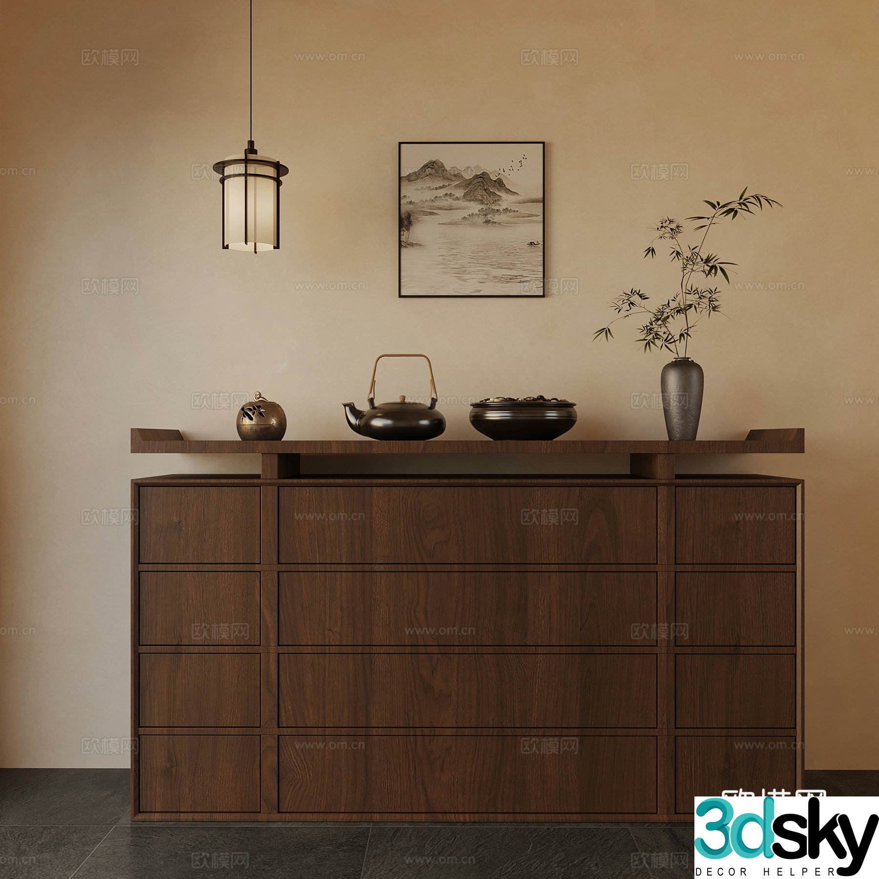 New Chinese style entrance cabinet chandelier hanging painting 3D model