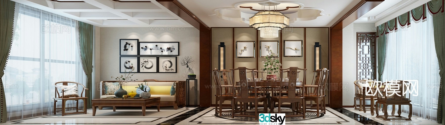 Chinese style living and dining room chandeliers decorative paintings curtains 3d model
