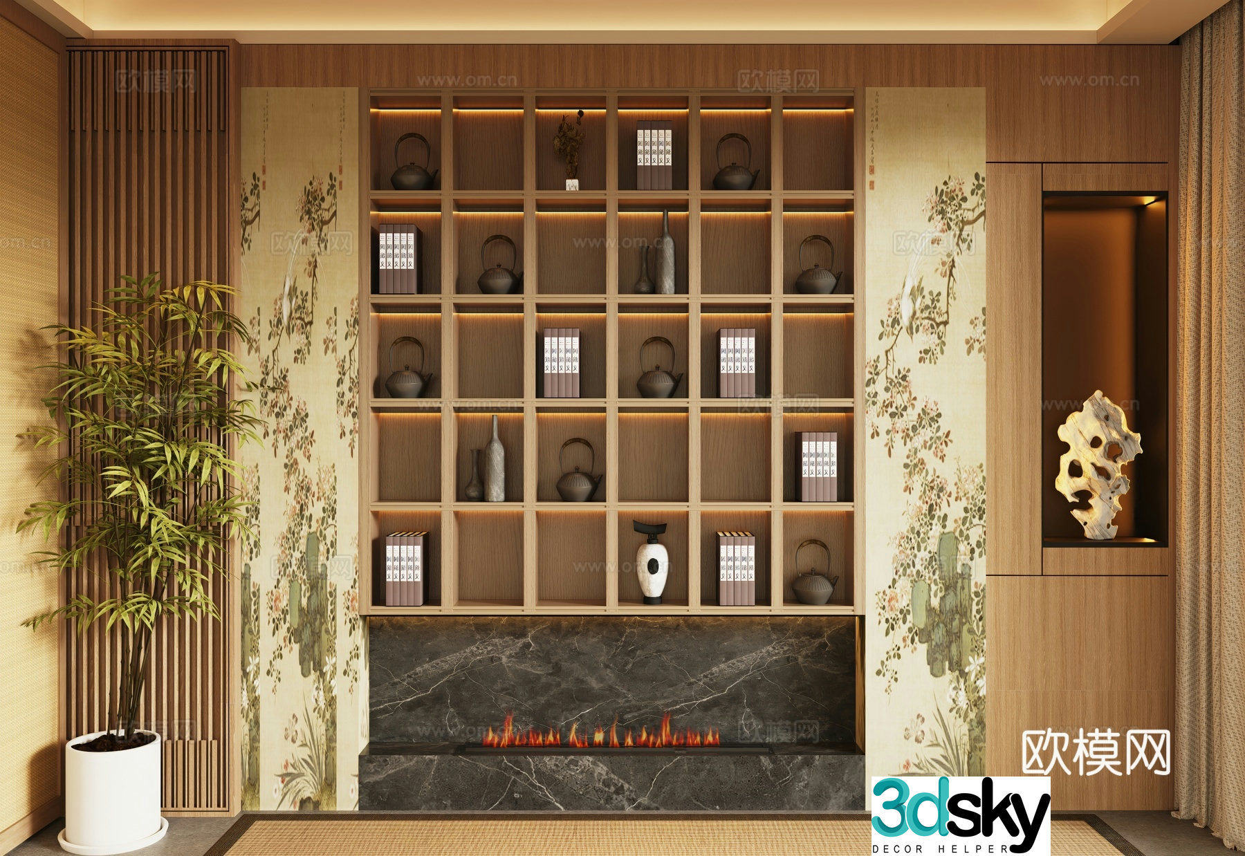 Song style bookcase tea cabinet green plant potted 3D model