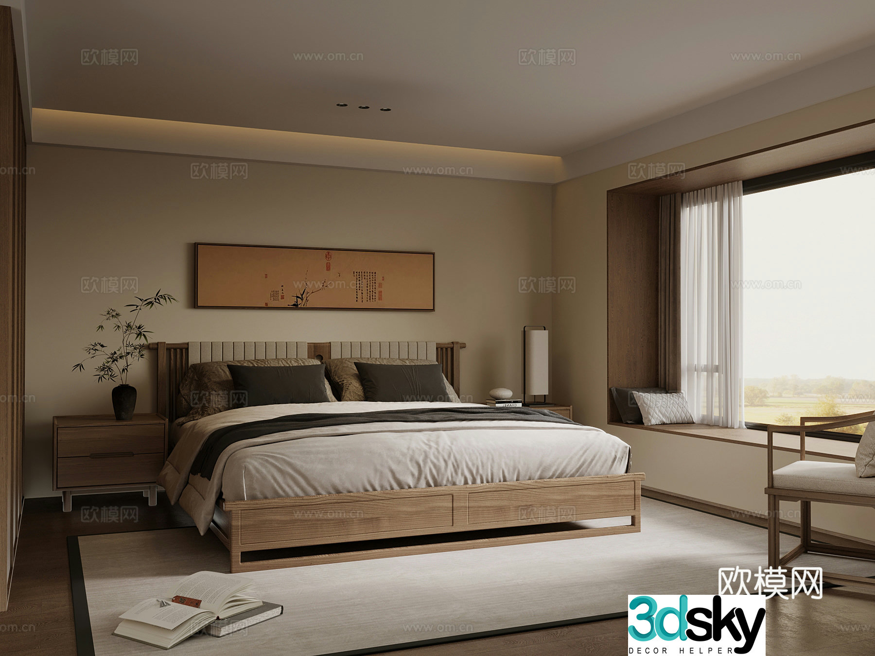 New Chinese style bedroom wardrobe double bed 3d model