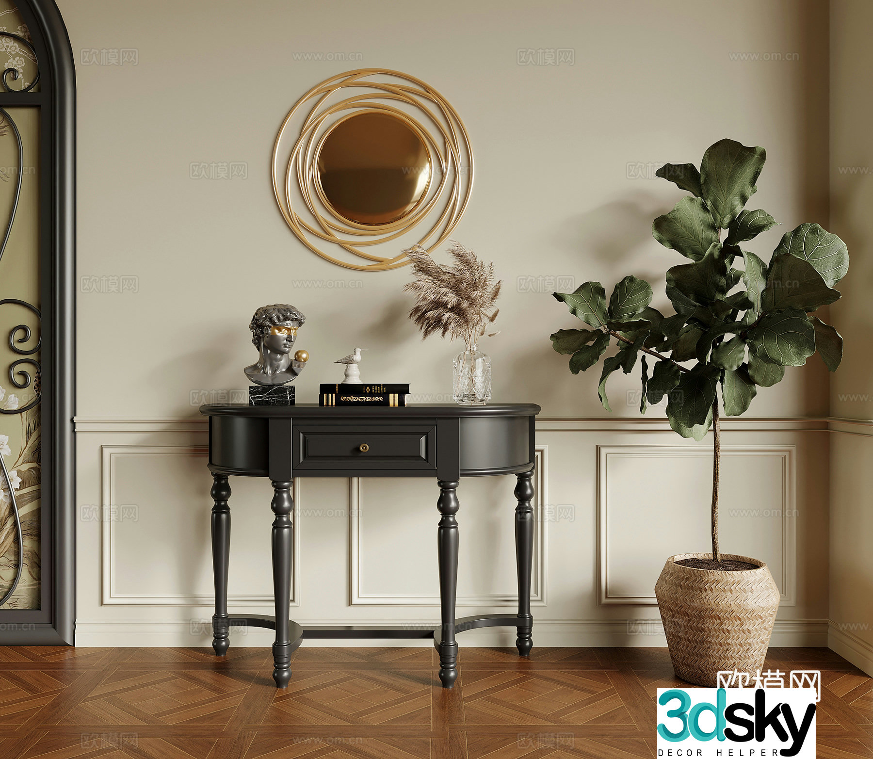 Entrance cabinet French retro style entrance cabinet end view cabinet potted green plants 3D model