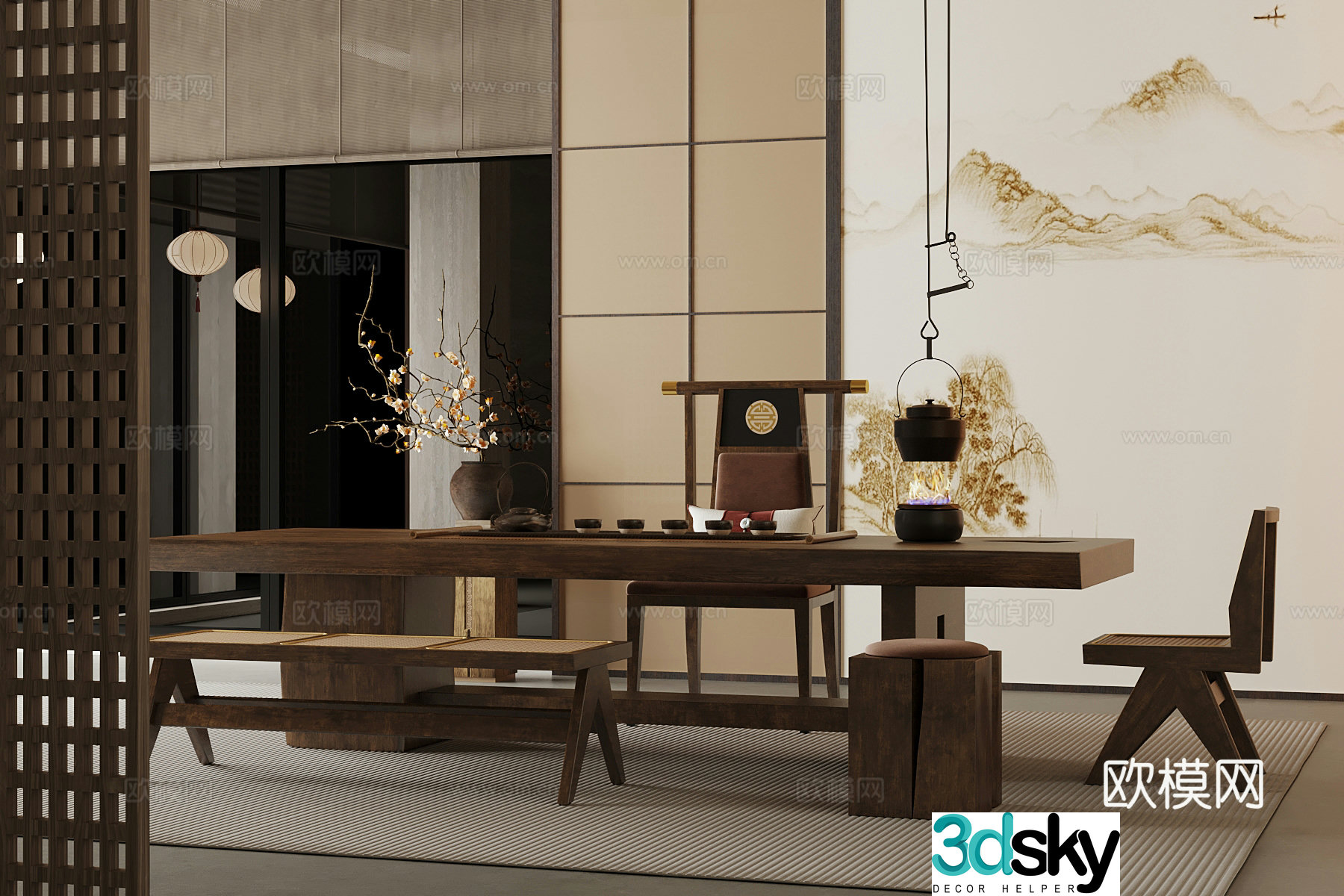 New Chinese-style tea room dining table and chairs vase 3d model