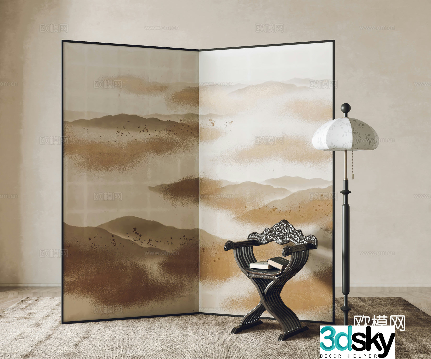 New Chinese-style screen partition single chair floor lamp 3d model