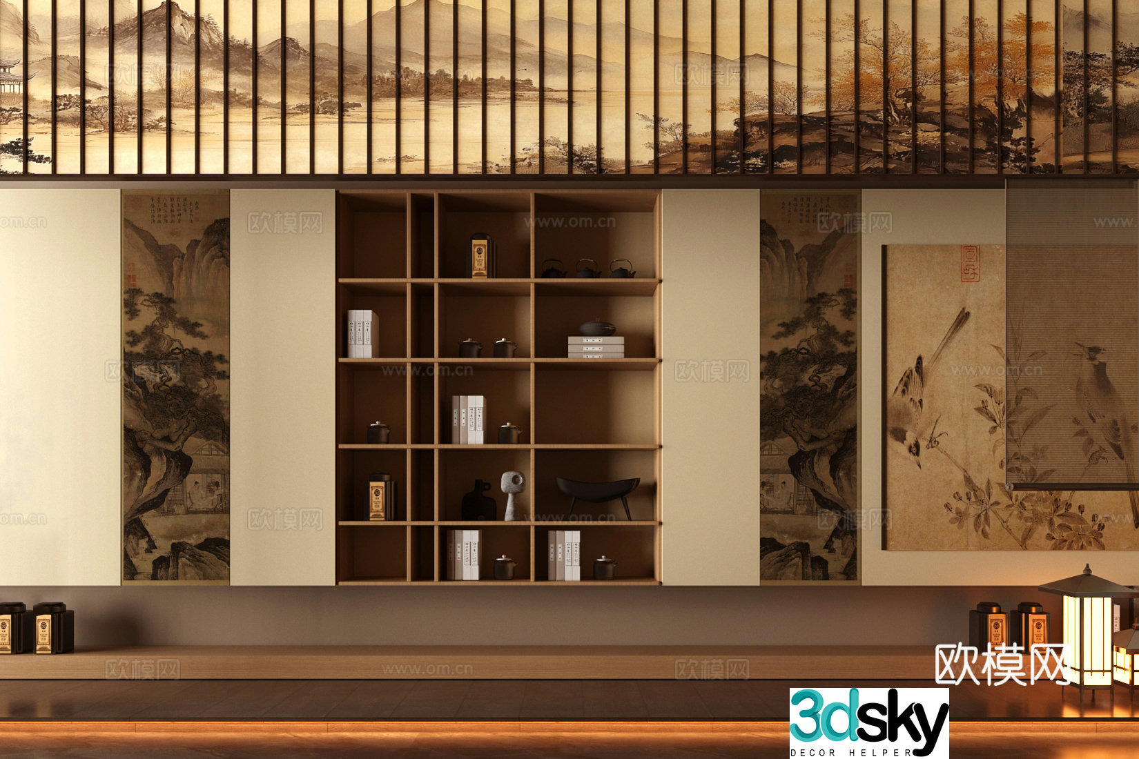 New Chinese style Zen tea cabinet Song style tea room cabinet Tea room background wall Whole row of tea cabinet background wall 3D model