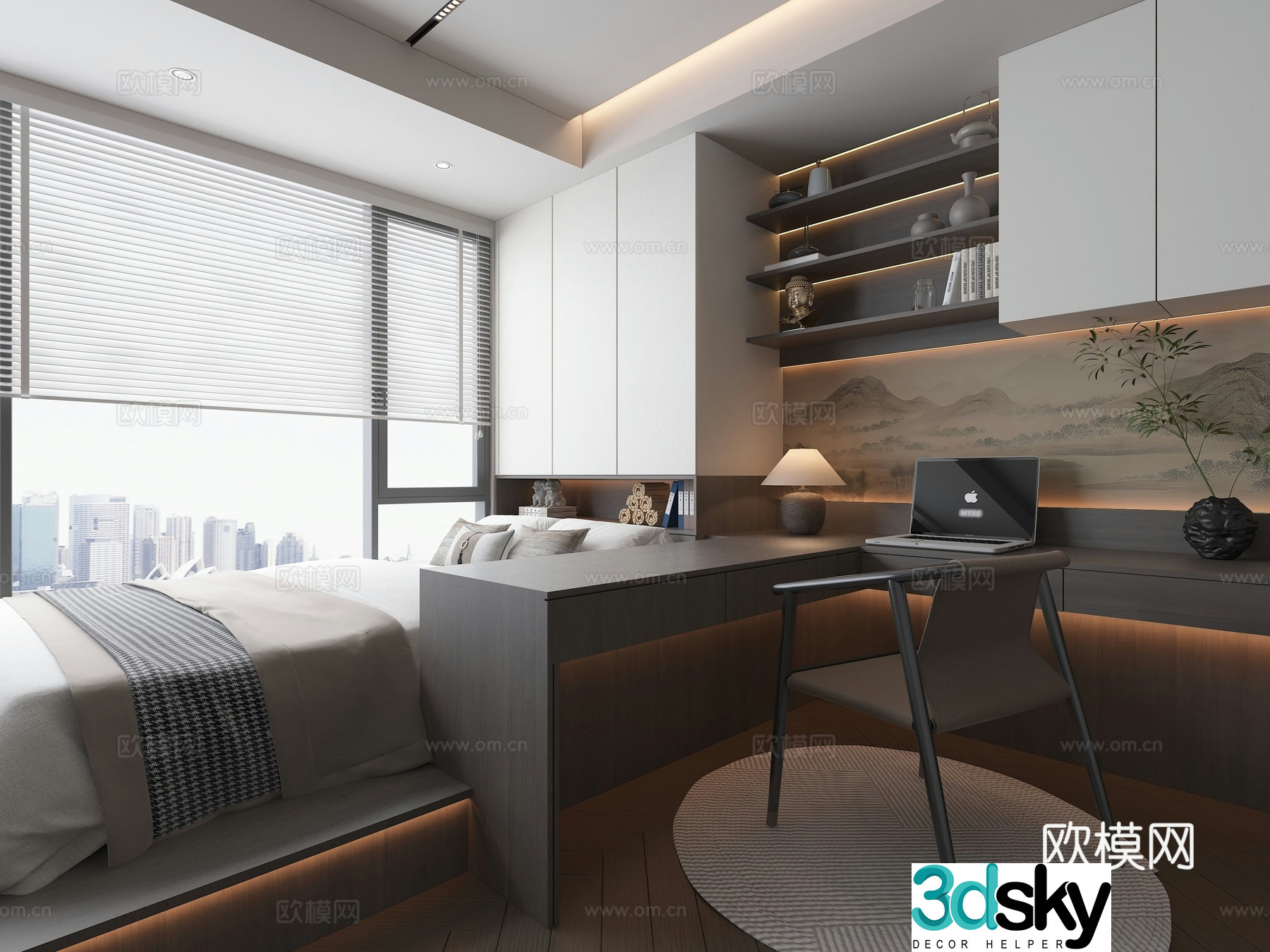 Modern style high-end gray tatami bedroom study table and chair computer green plants hanging painting ornaments 3d model