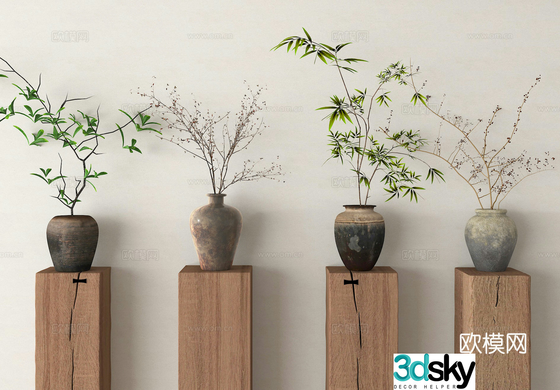Clay pot vase dry branch flower art flower 3D model