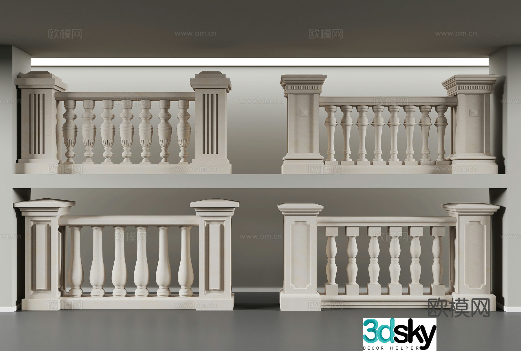 European railing carved lines stone pillar 3d model