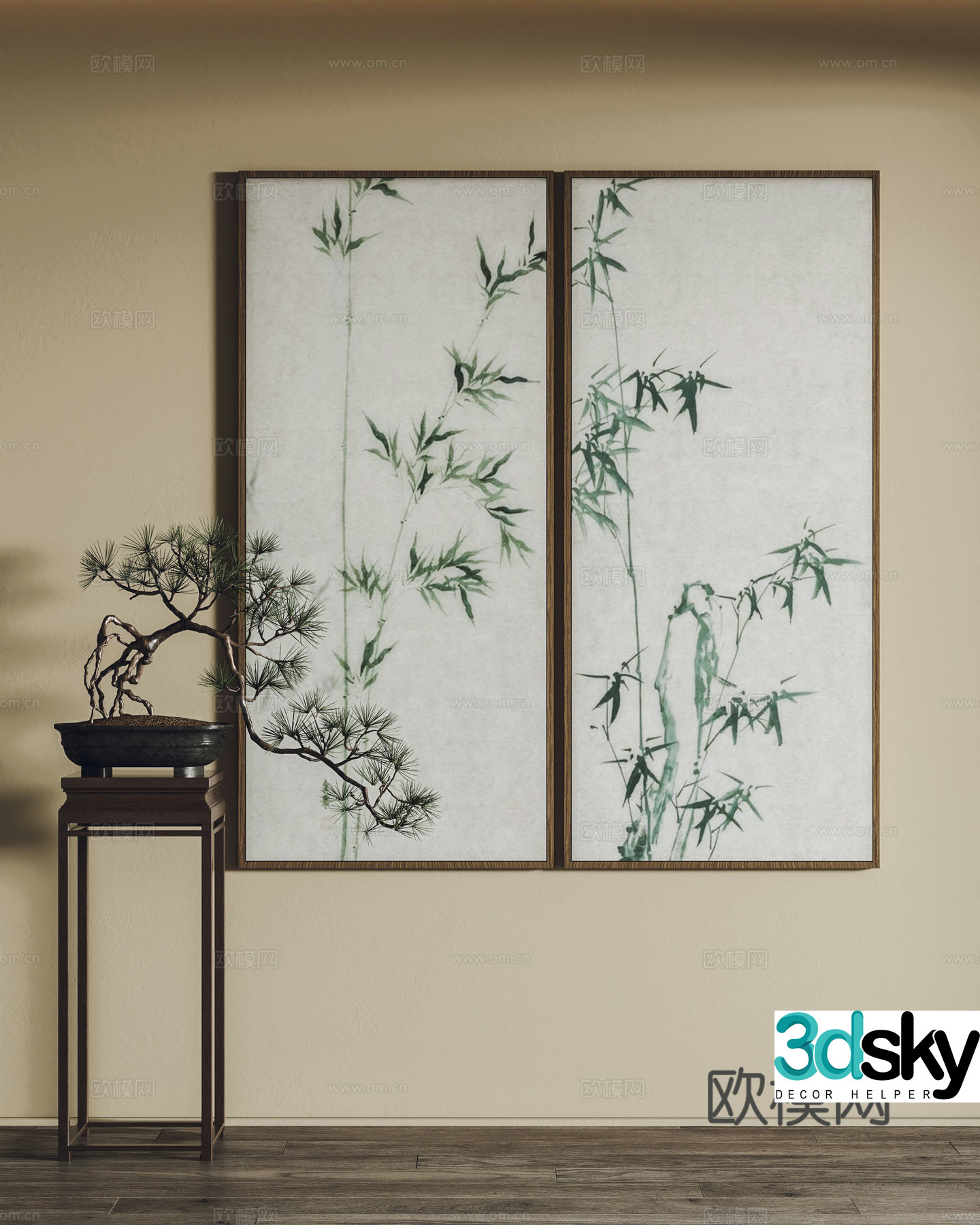 New Chinese style hanging paintings decorative paintings bonsai 3d model