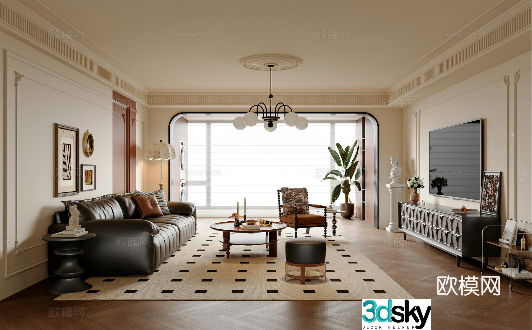 French medieval style living room finished TV cabinet sofa and coffee table combination leisure chair pier 3D model of hanging paintings