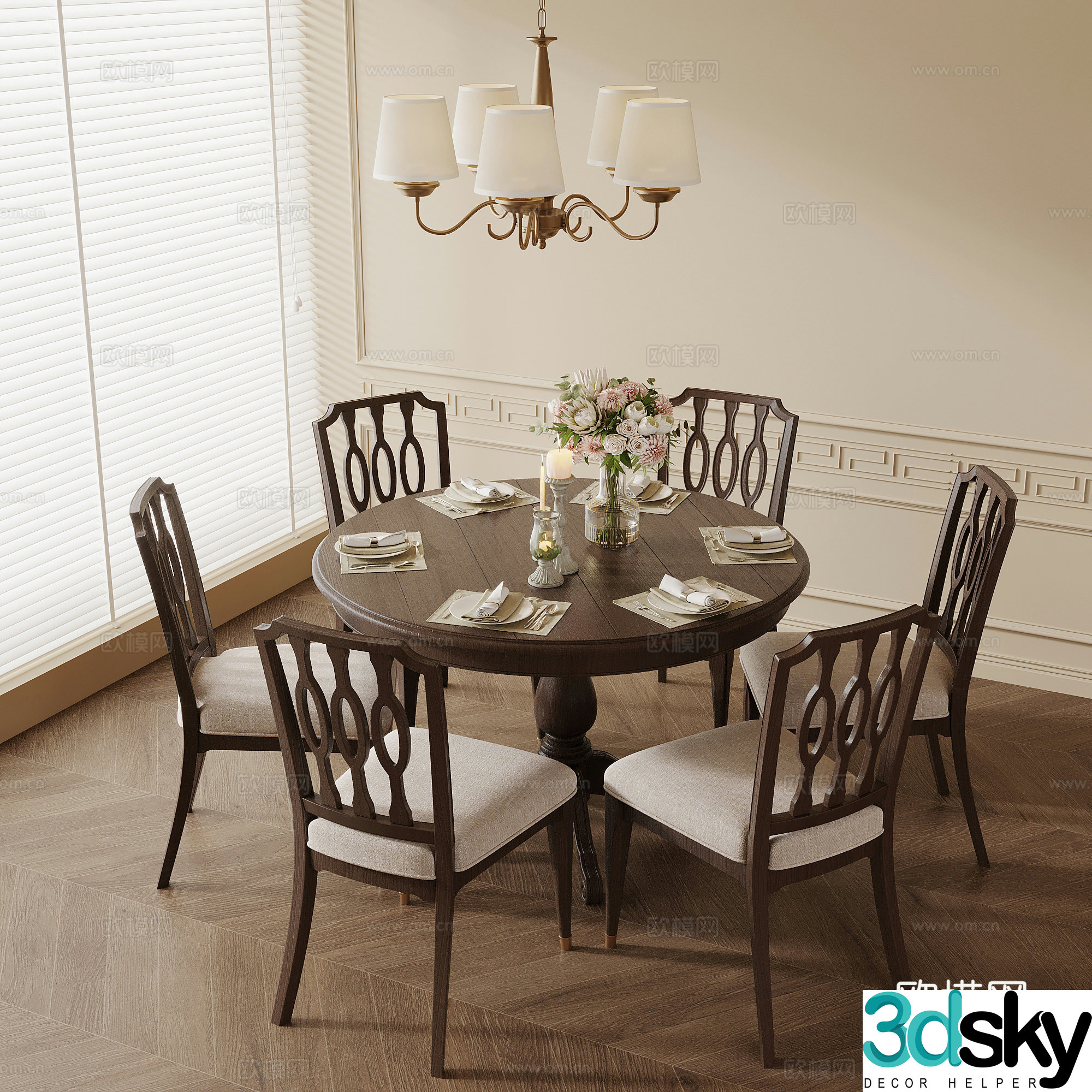 Dining table and chair American retro dining table and chair combination 3D model