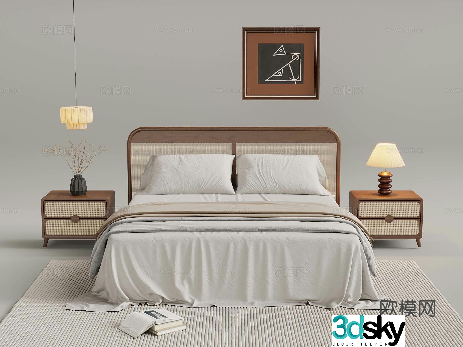 Wasabi Middle Style Double Bed Bed Nightstand Chandelier Table Lamp 3D Model