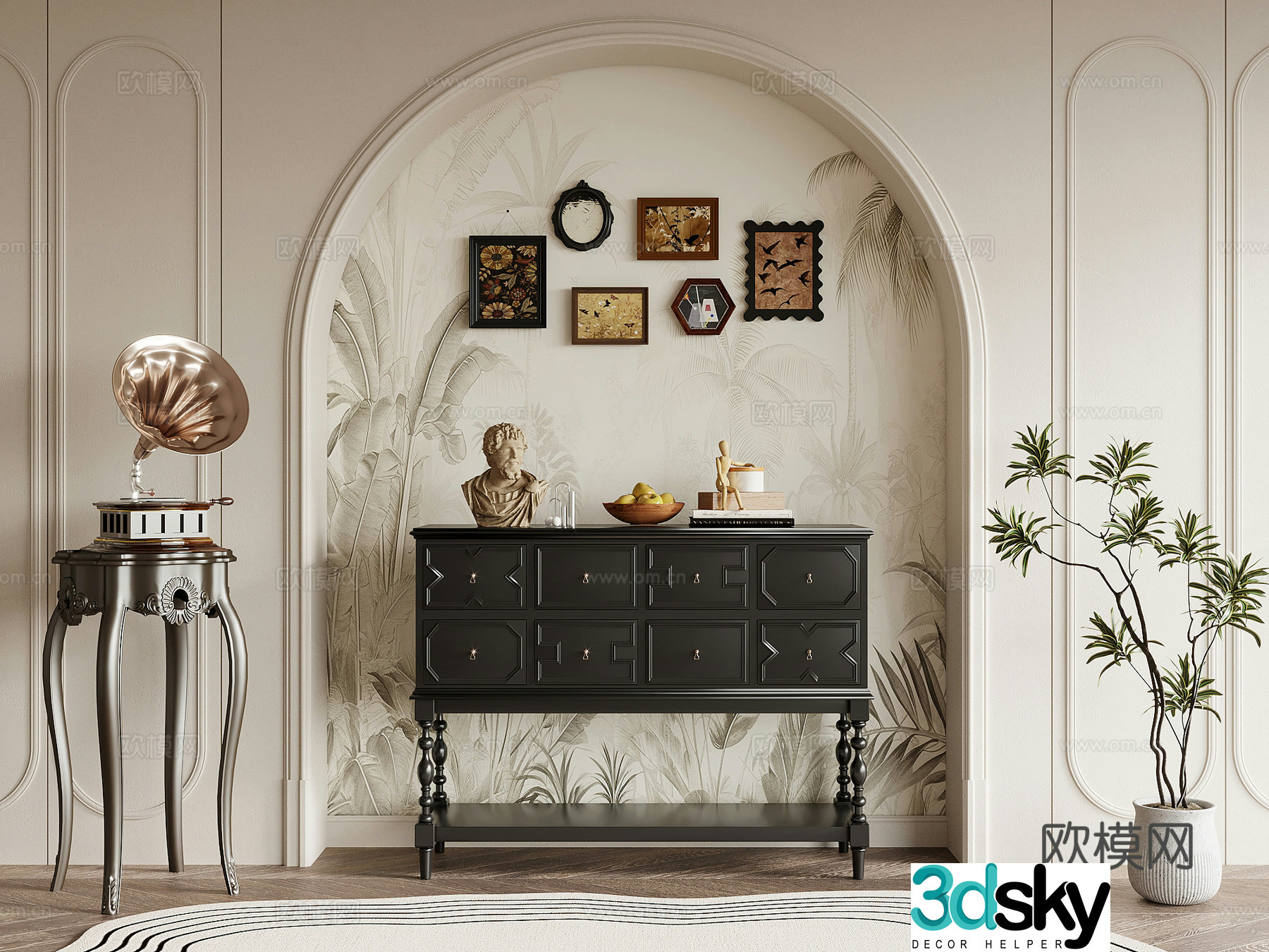Entrance cabinet French retro style entrance cabinet decorative painting gramophone 3d model