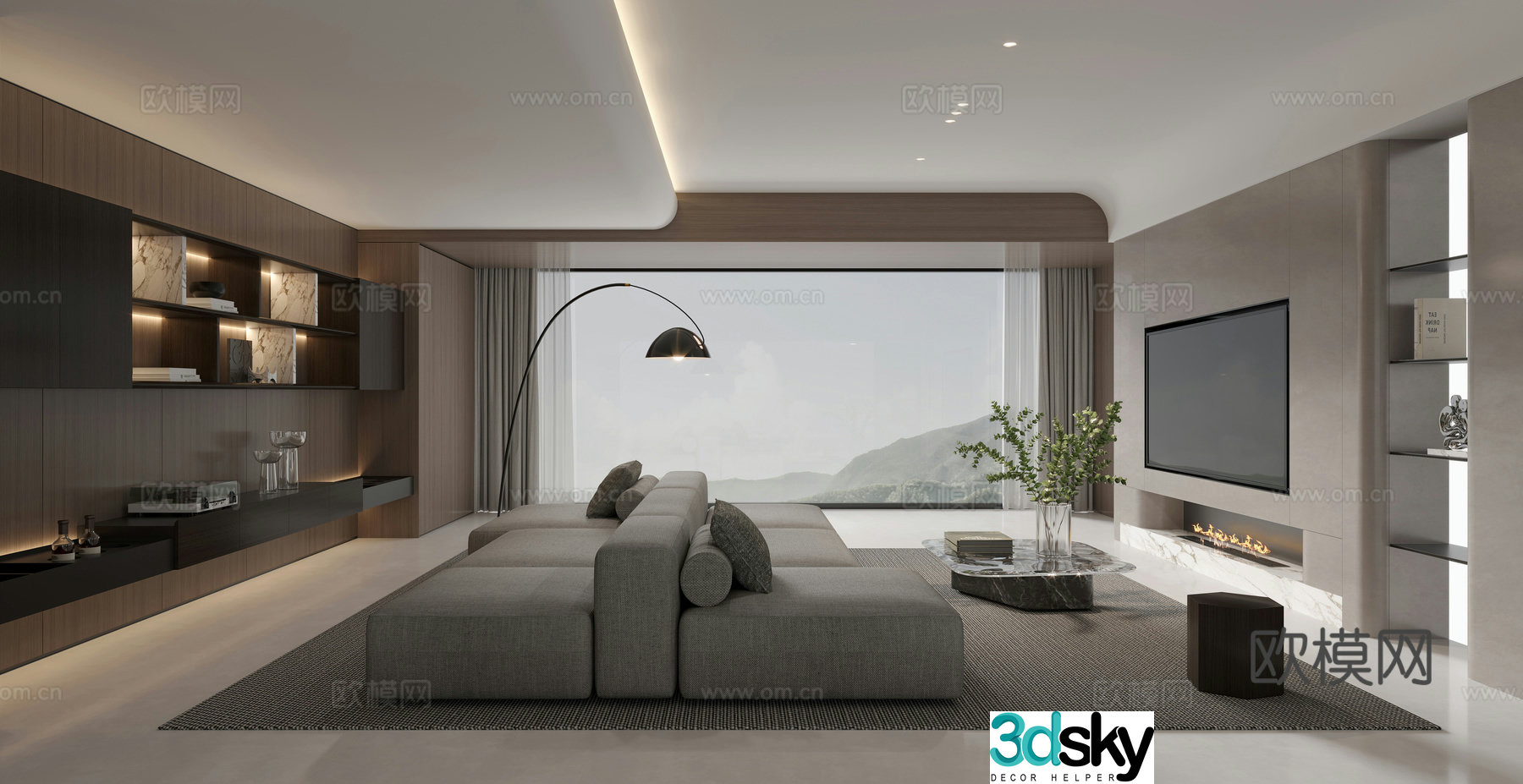 Living room light luxury casual sofa combination sofa large horizontal living room TV background 3D model