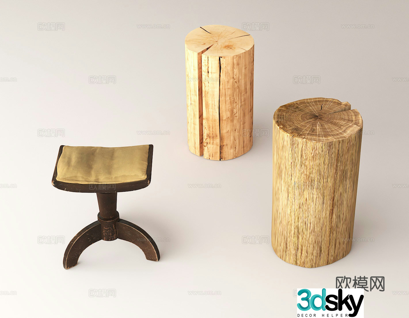 Log stool solid wood pier retro stool wooden furniture creative wooden pier 3d model