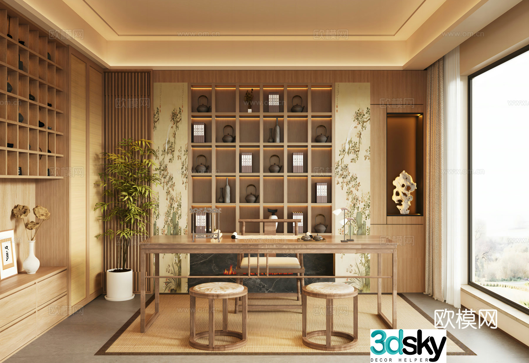 New Chinese Song style study bookcase background wall tea cabinet Song style desk and chair 3D model