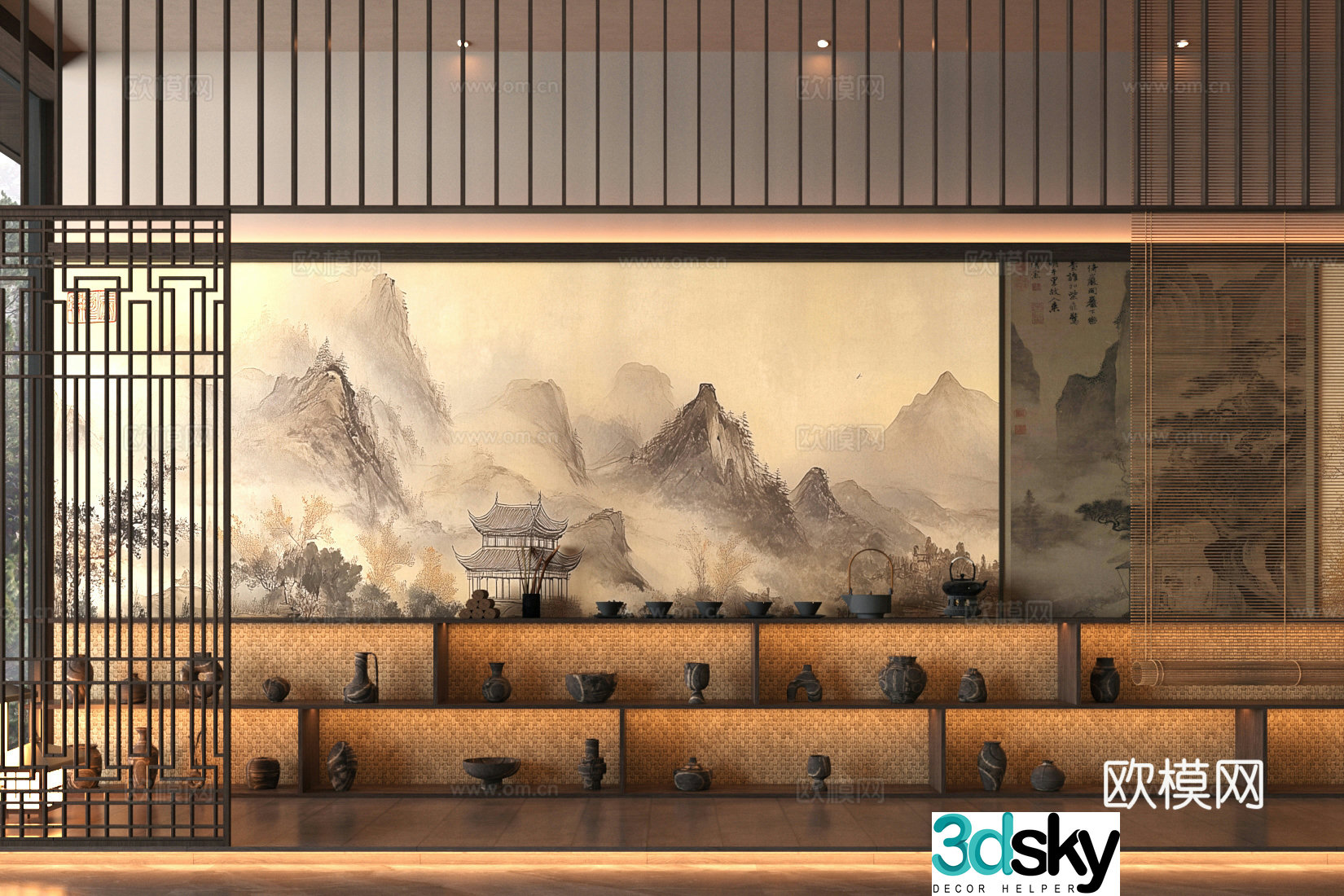 New Chinese-style Zen tea cabinet Song-style tea room cabinet Tea room background wall Whole row of tea cabinet Landscape painting 3D model