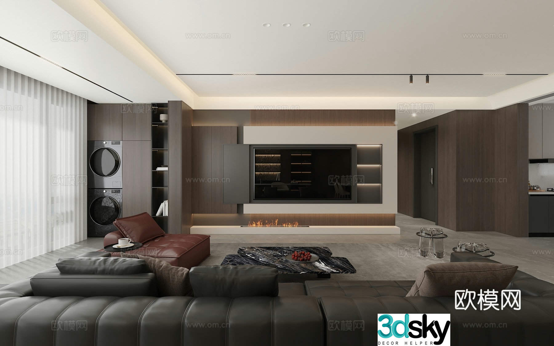 Italian minimalist and light luxury living and dining room kitchen 3D model