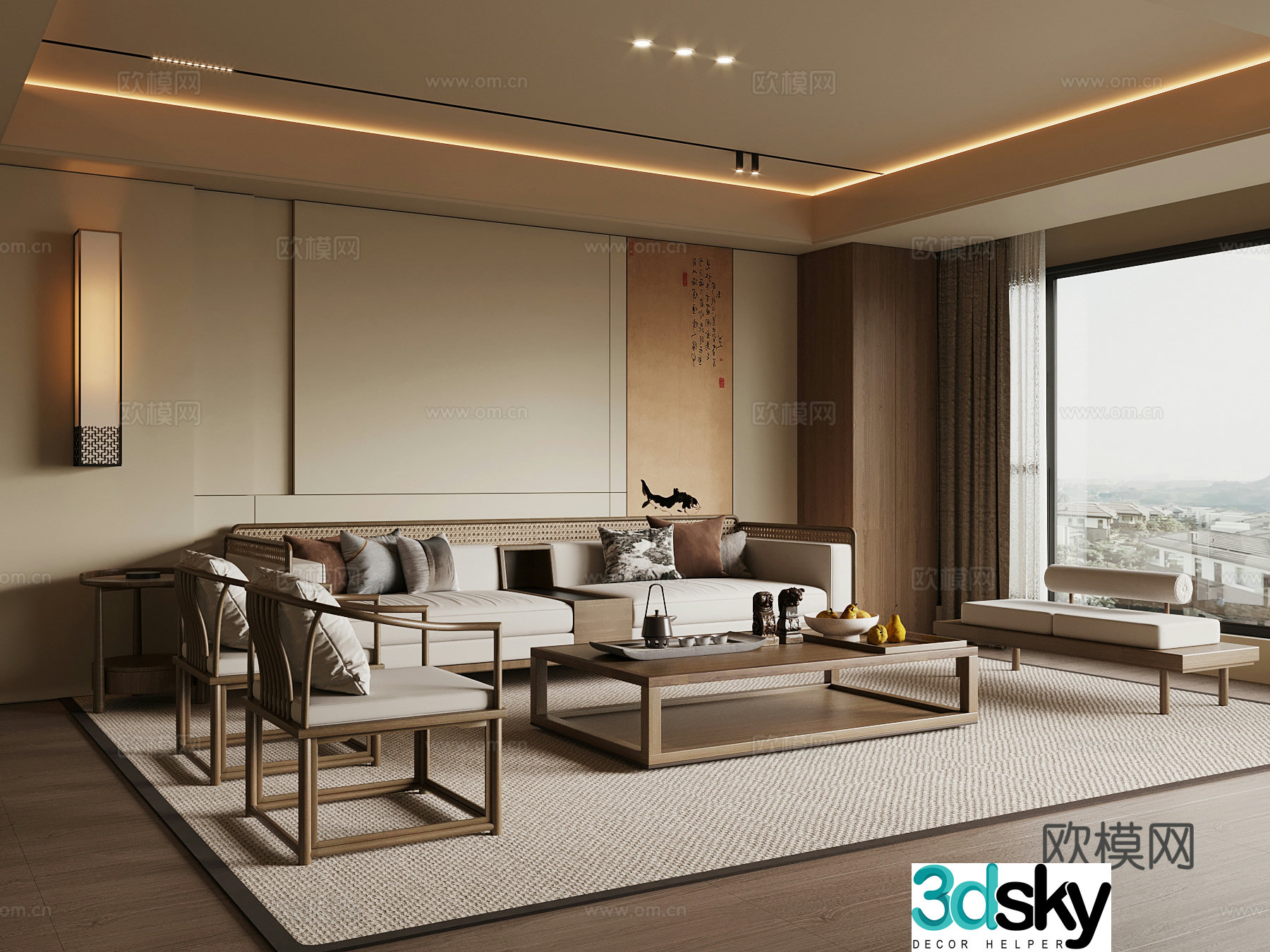 New Chinese style living and dining room sofa coffee table combination 3D model