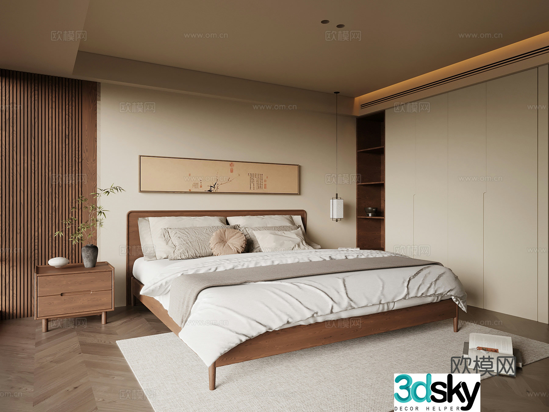 New Chinese style bedroom wardrobe double bed 3d model