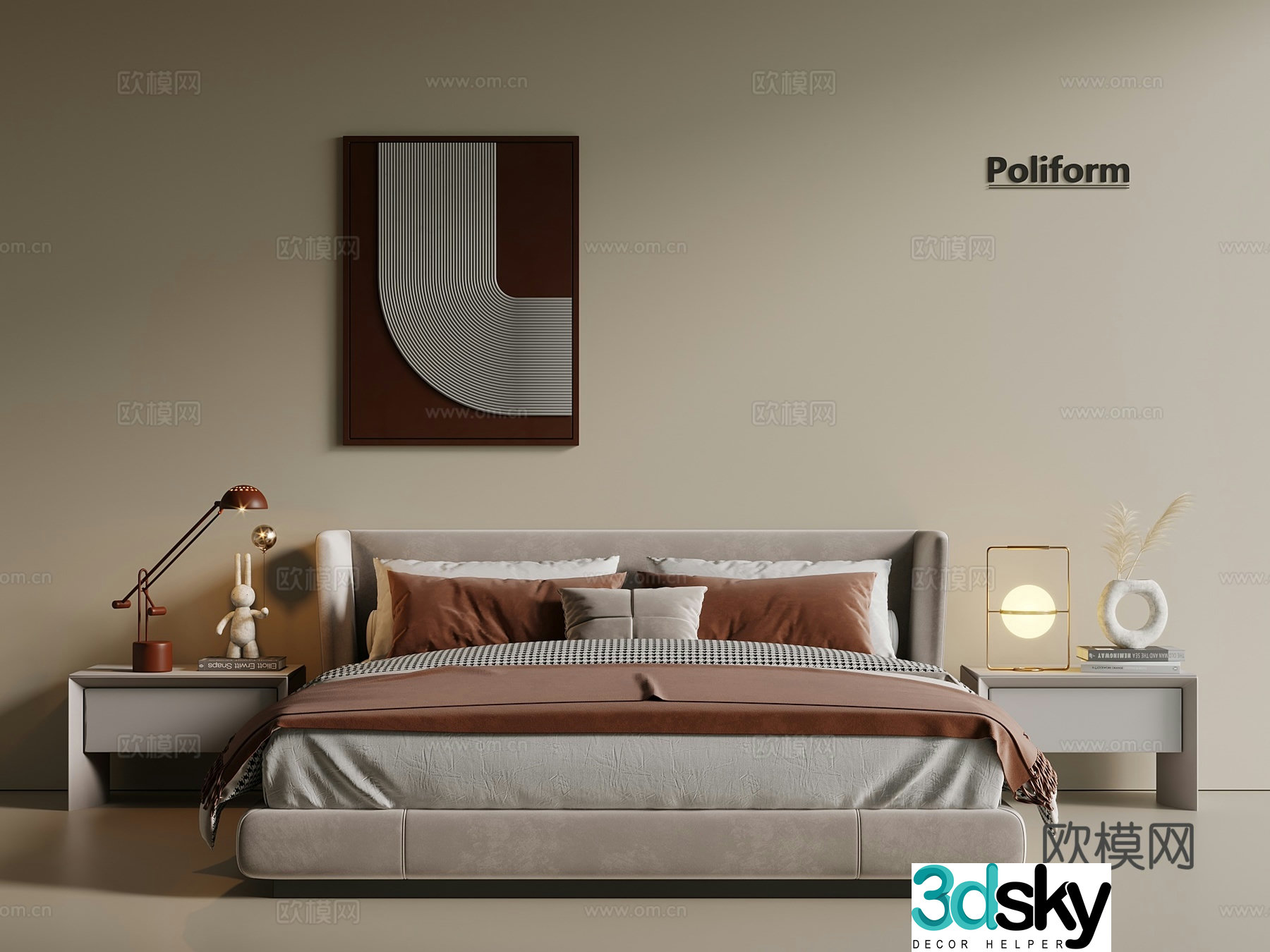 Light luxury Wasabi Double bed Fabric bed Leather bed Master bedroom bed 3D model