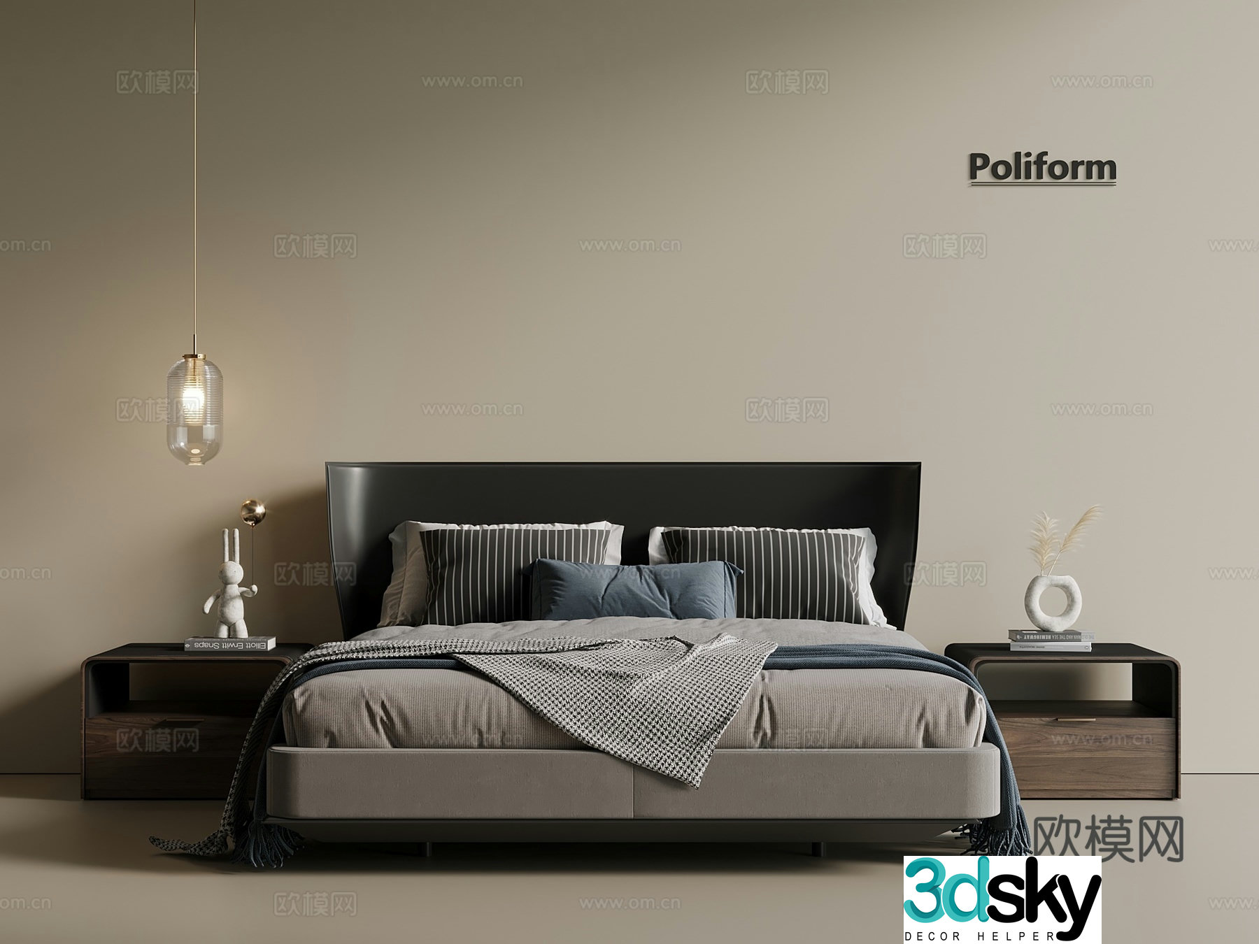 Italian light luxury double bed fabric bed leather bed master bedroom bed 3D model