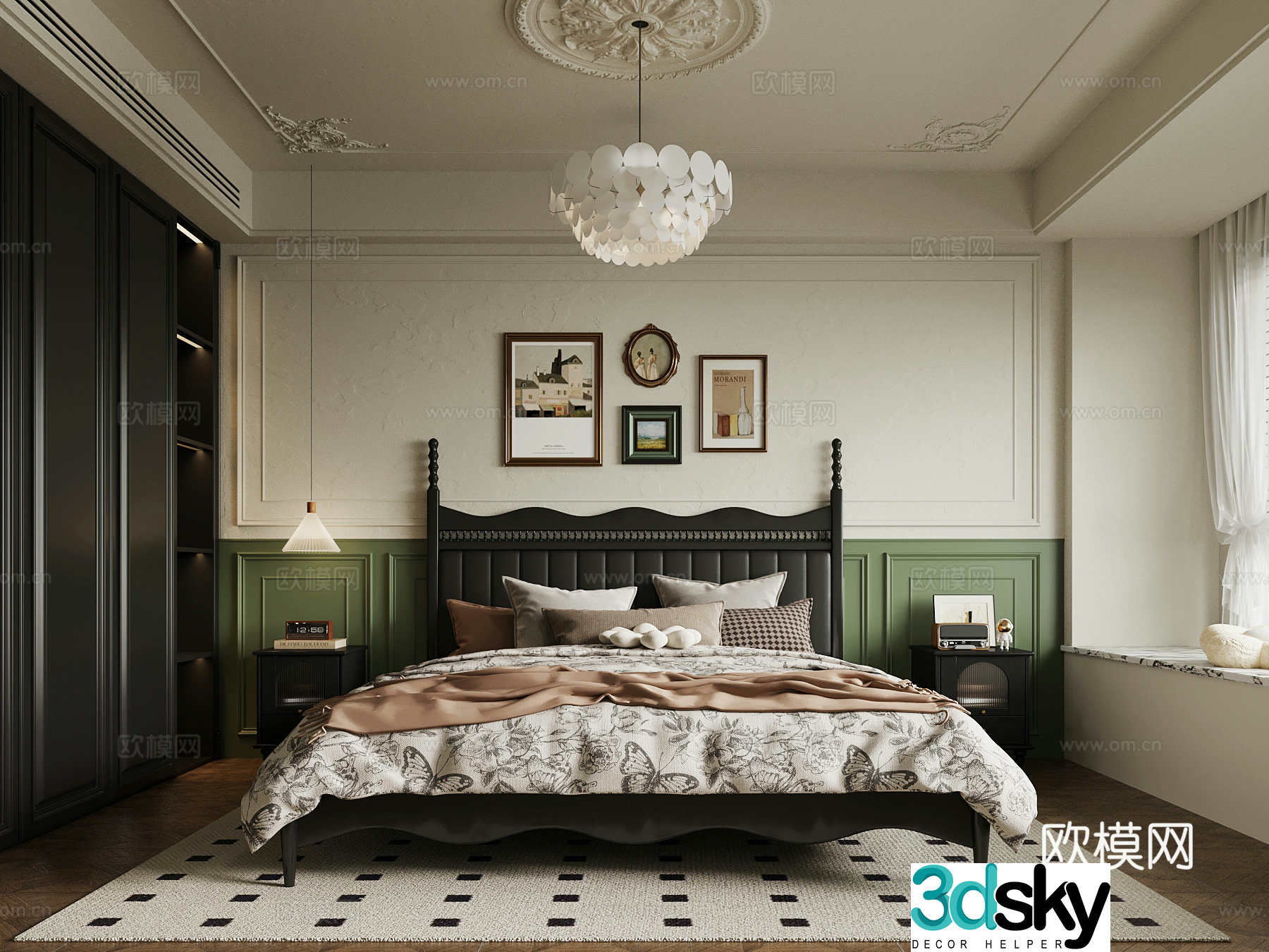 French bedroom double bed nightstand wardrobe 3d model