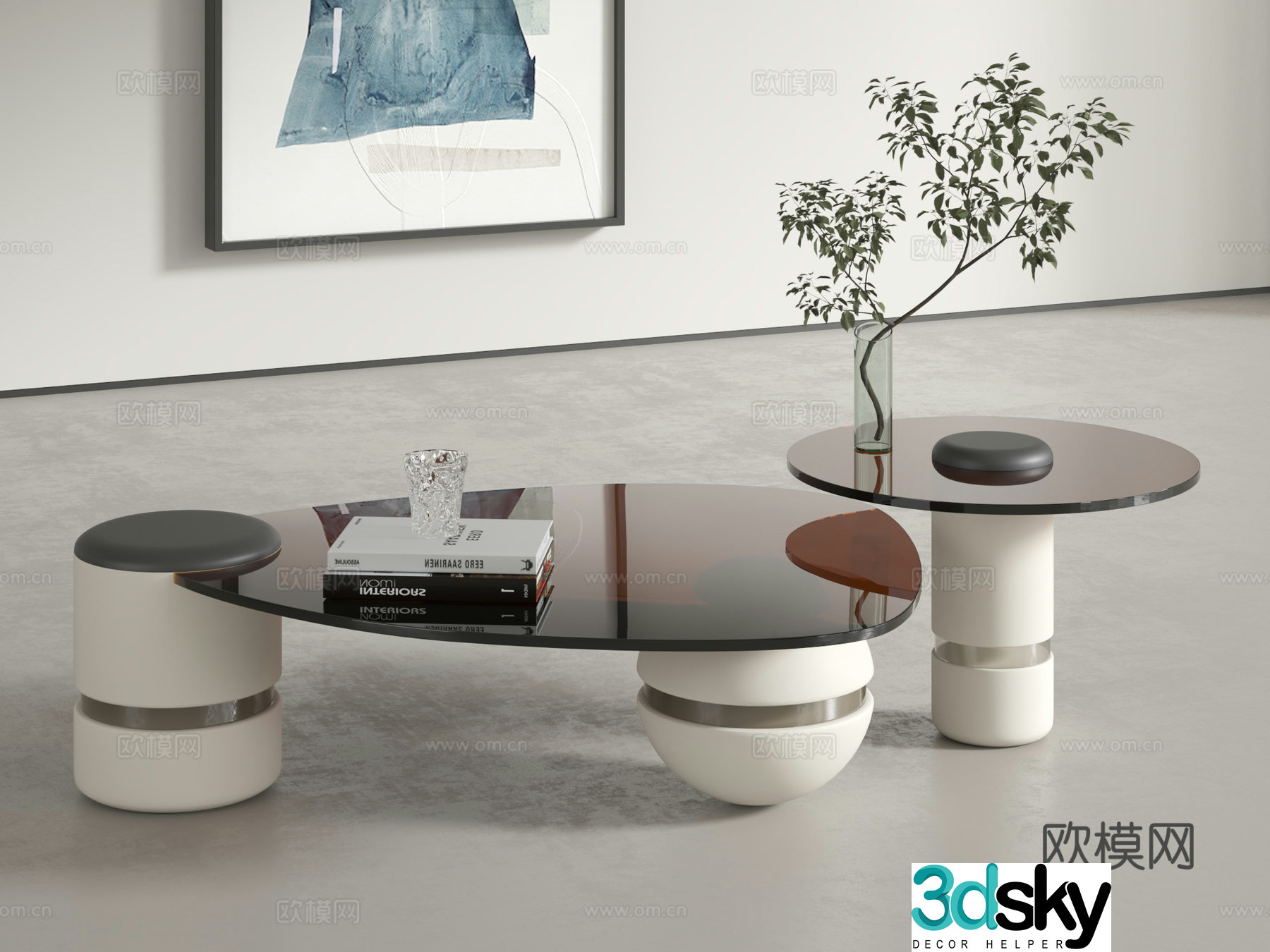 Modern coffee table combination light luxury coffee table combination round coffee table cream style coffee table glass coffee table set 3D model