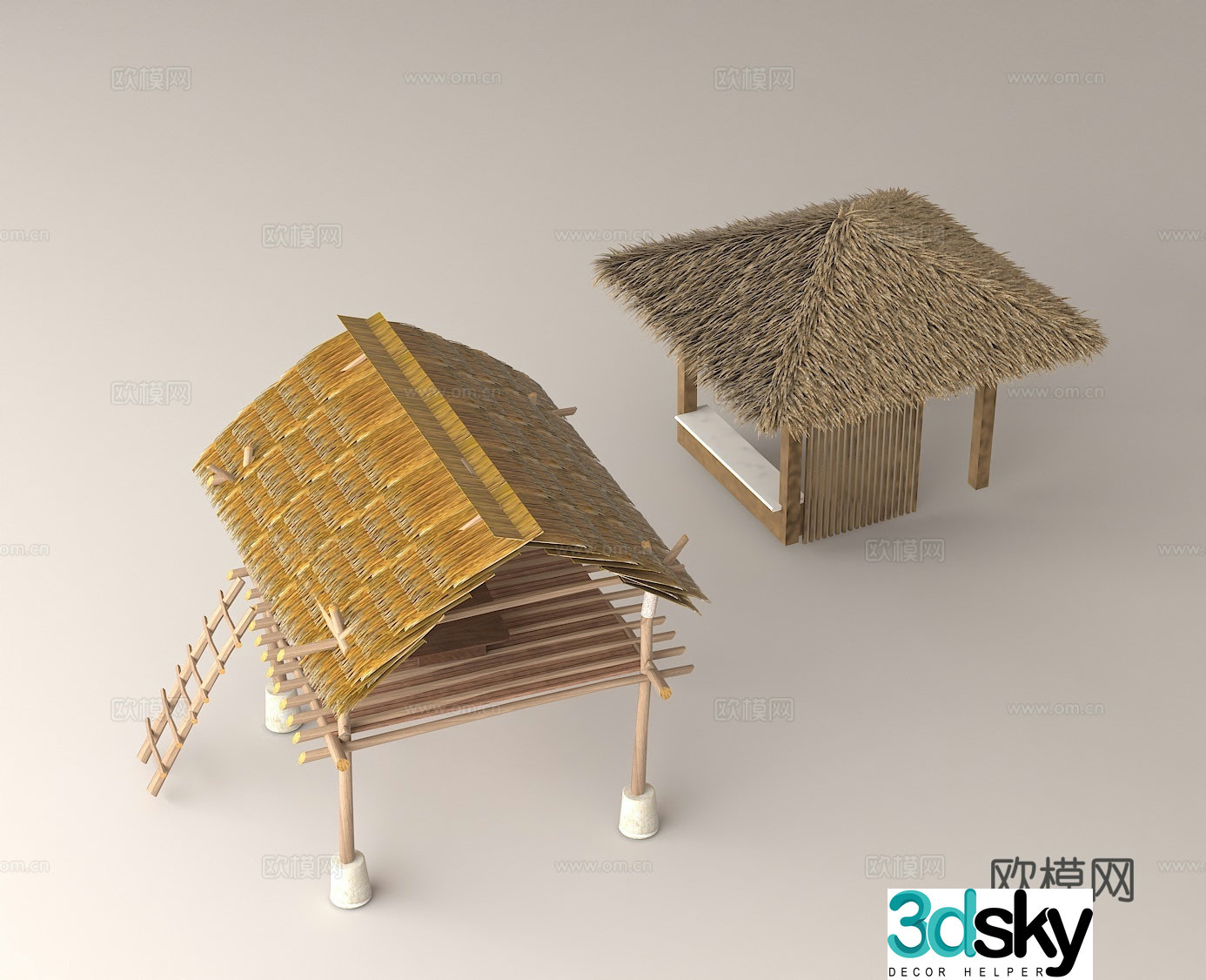Rural architectural style Ecological thatched pavilion Wooden structure building Vacation cottage model 3d model
