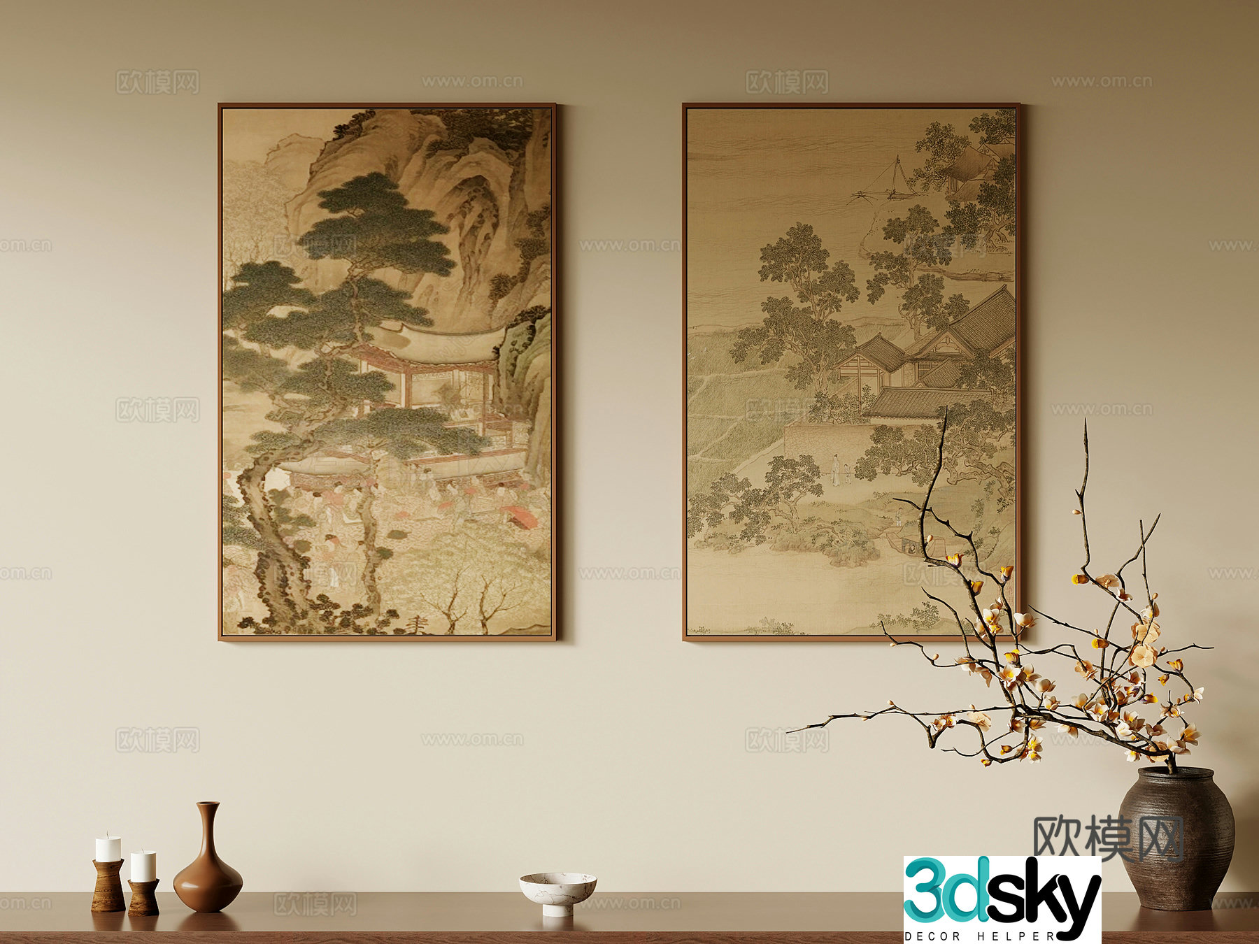 Decorative painting Song style wind hanging painting Decorative painting Dry branch bonsai 3D model