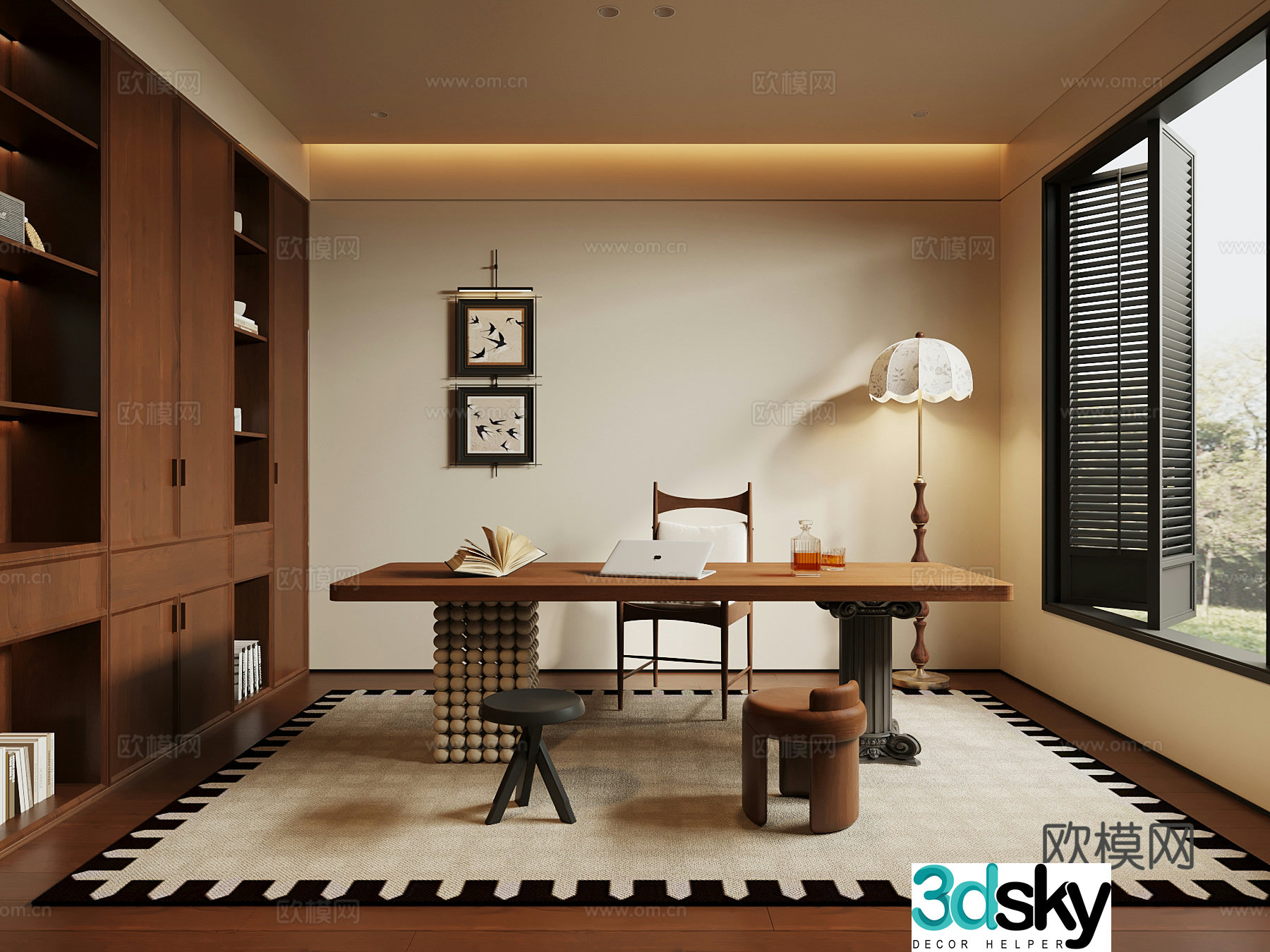 Middle-aged study room desk and chair bookcase 3d model