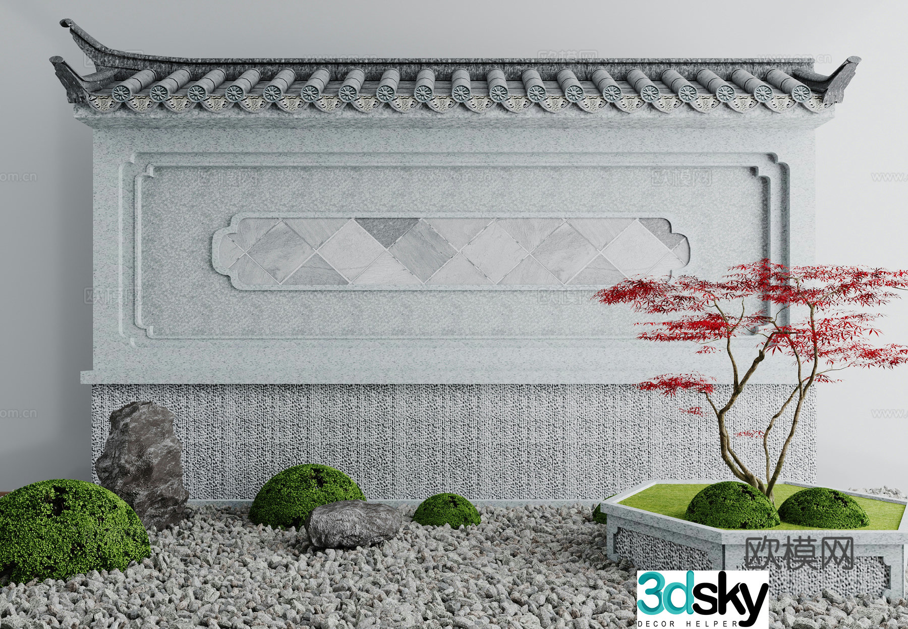 New Chinese style courtyard landscape sketch pine tree eaves wall stone moss pebbles 3D model