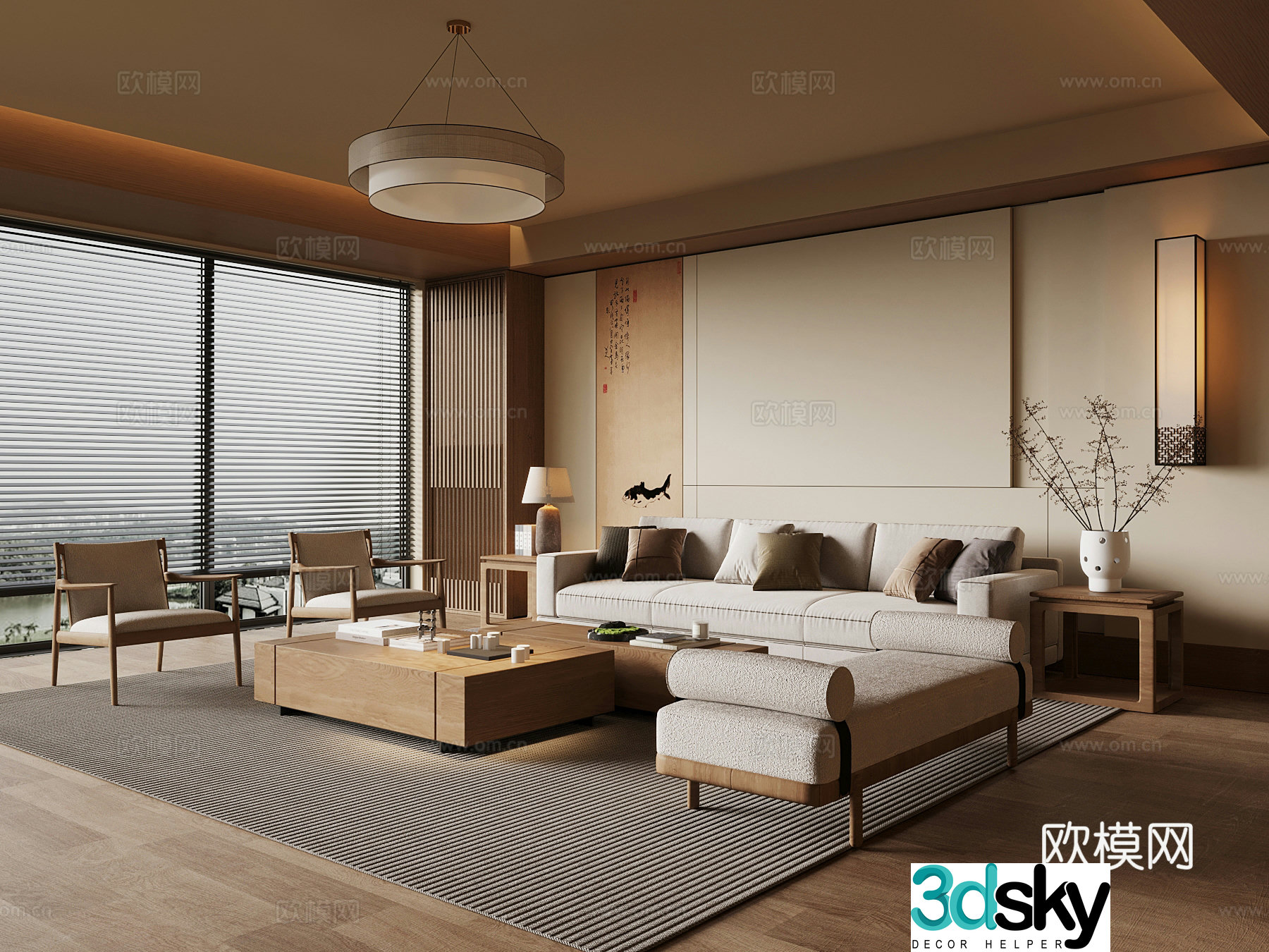 New Chinese style living room sofa coffee table combination chandelier 3d model