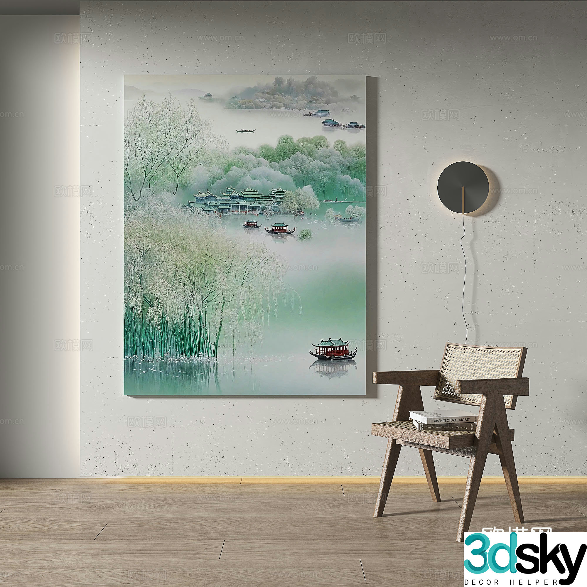 Modern Chinese style retro simple oil painting light luxury decorative painting 3d model