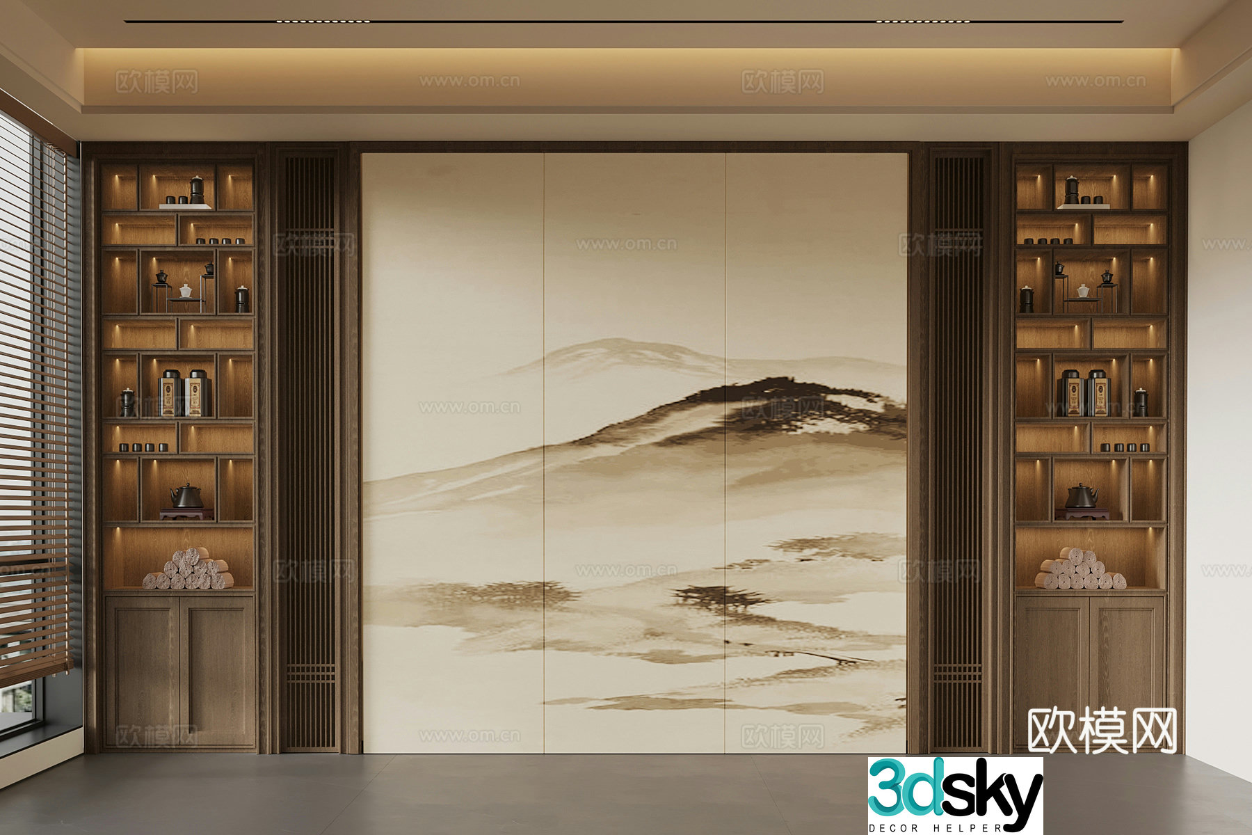 Background wall New Chinese style background wall Tea room background wall Desk background wall 3d model