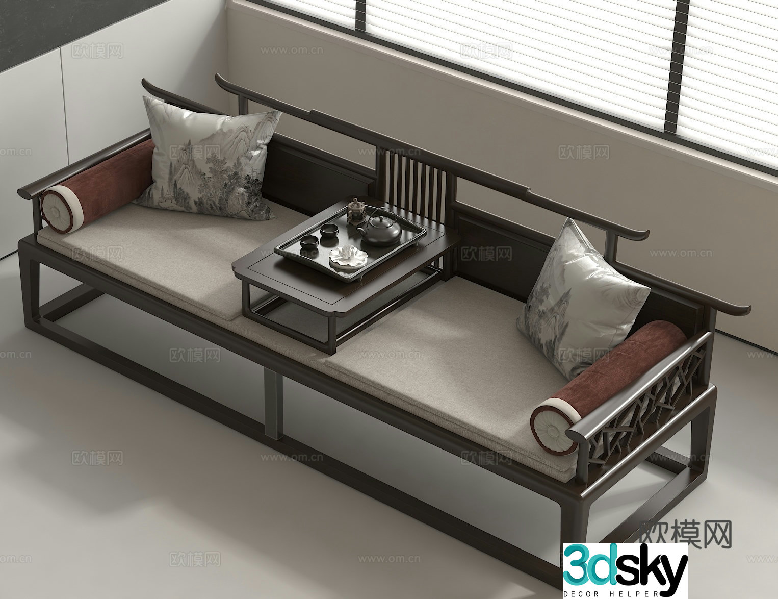 New Chinese Arhat Bed Chinese Zen Sofa Tea Room Furniture Combination Modern Chinese Couch 3D Model