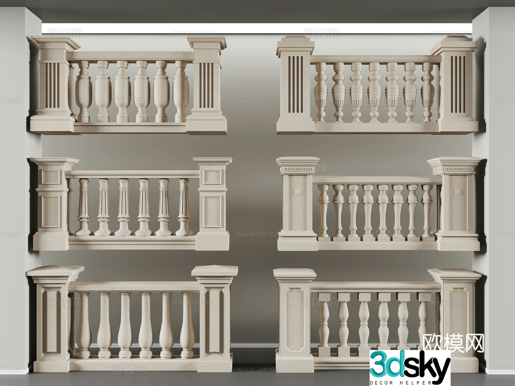 European railings carved lines low columns stone columns 3D model