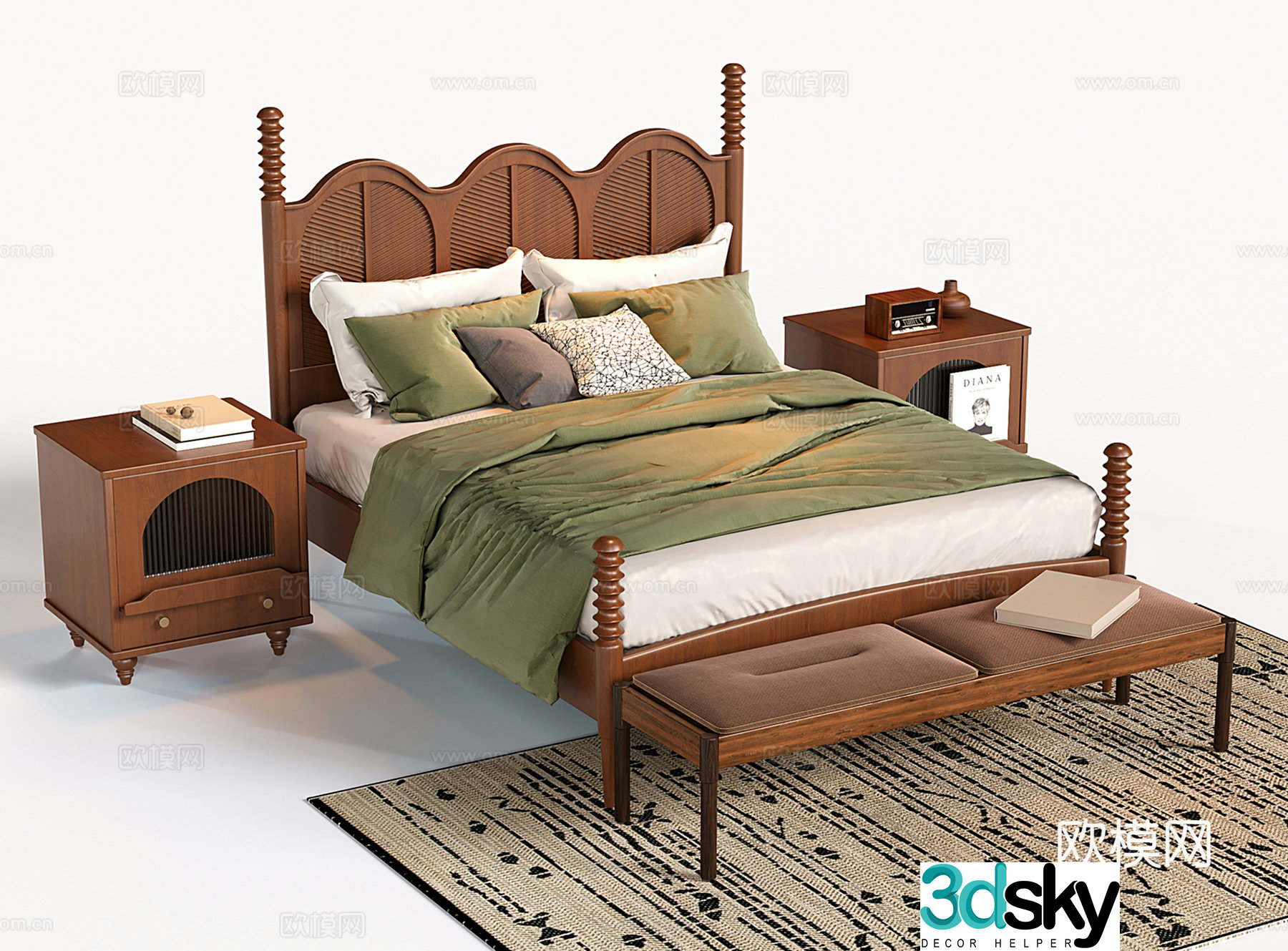 French double bed retro solid wood double bed bed nightstand bed tail stool 3D model