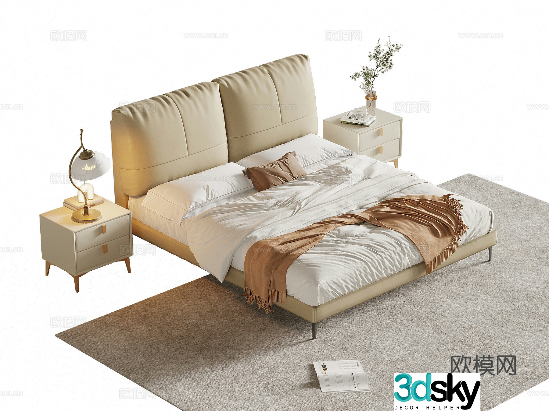 Modern cream style double bed nightstand 3d model