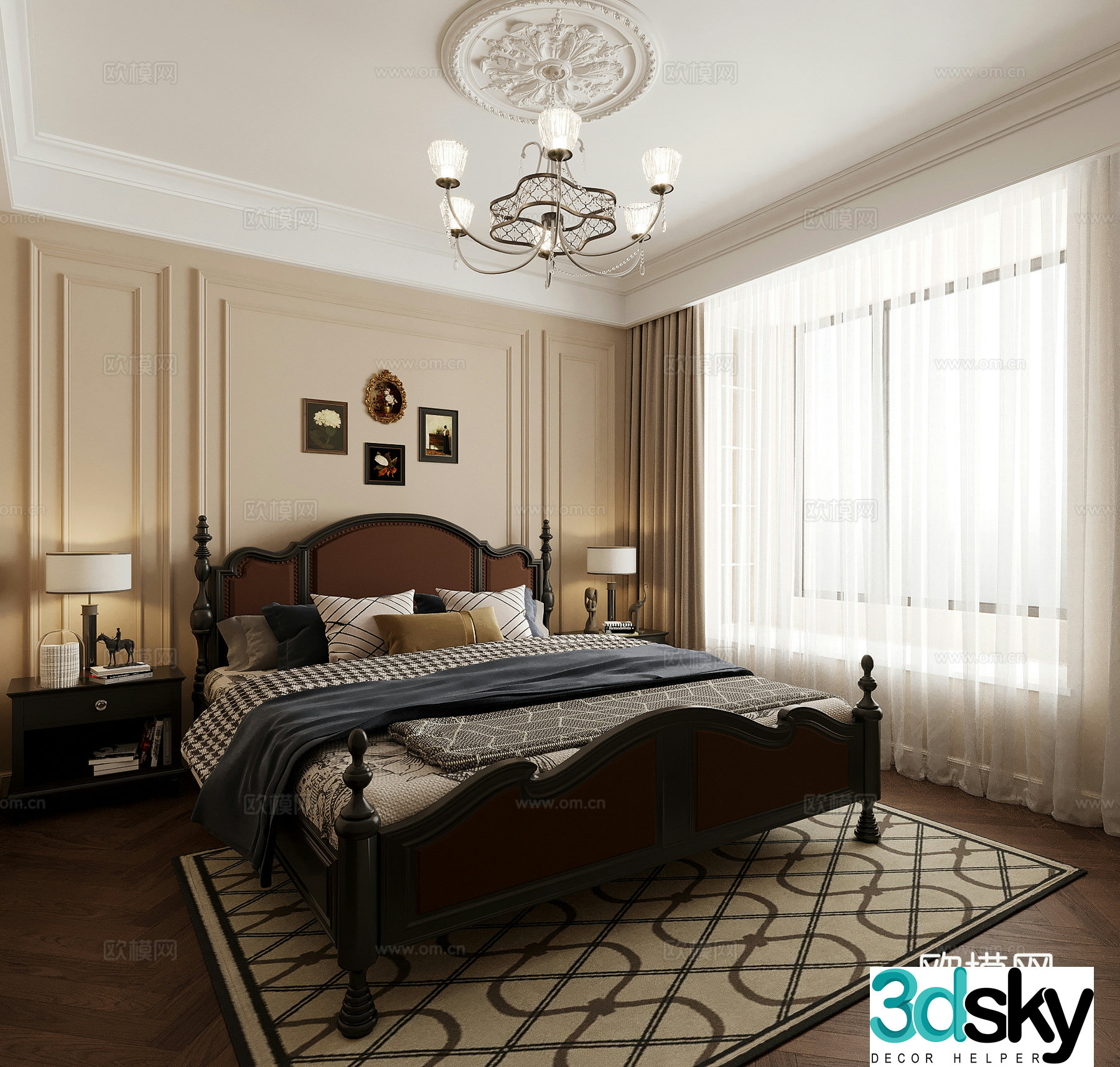 Bedroom French retro style bedroom Double bed nightstand 3d model