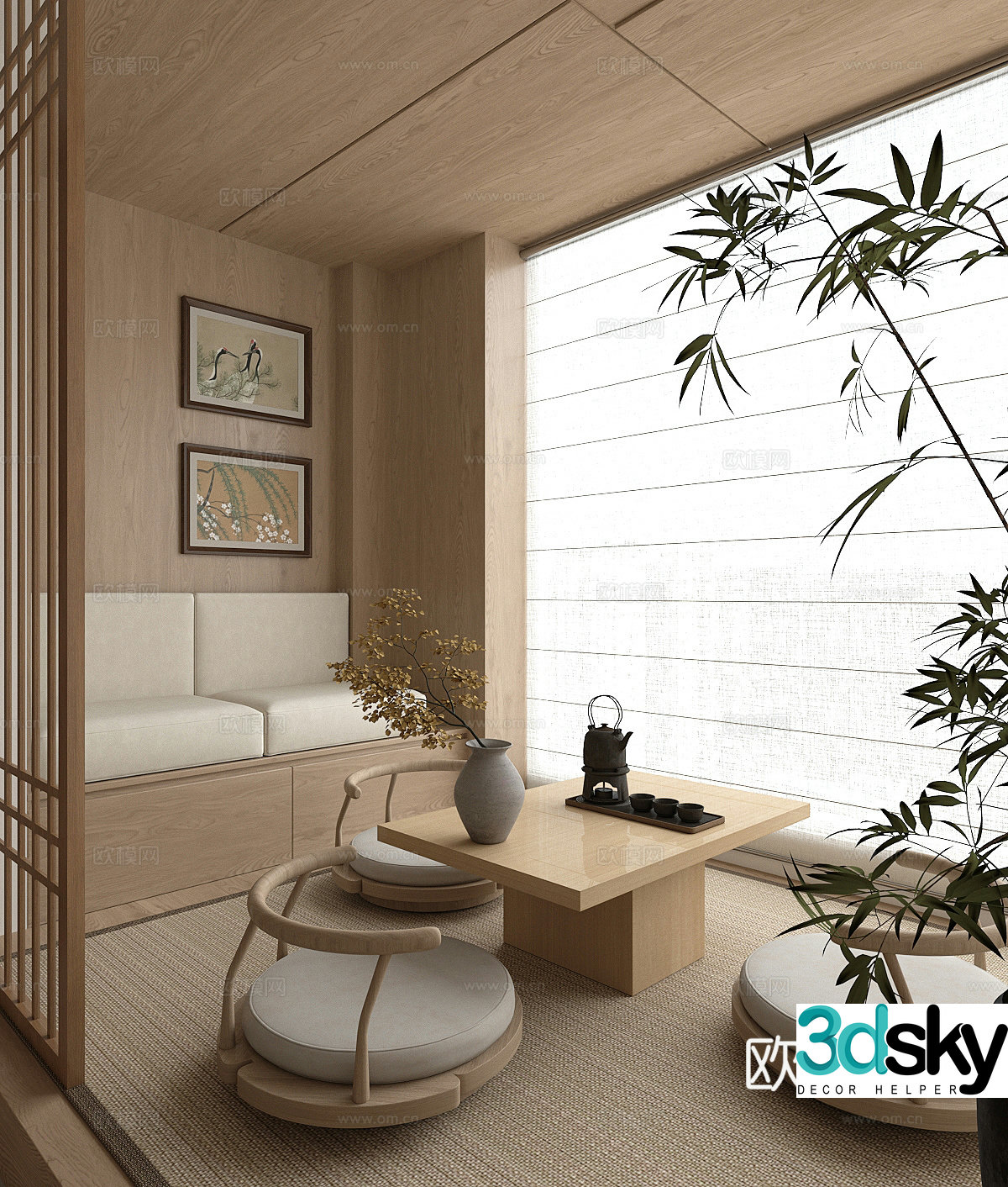 Wasabi Tatami Tea Room New Chinese Tea Room Tatami Tea Table and Chair Chinese Style Hanging Painting 3D Model