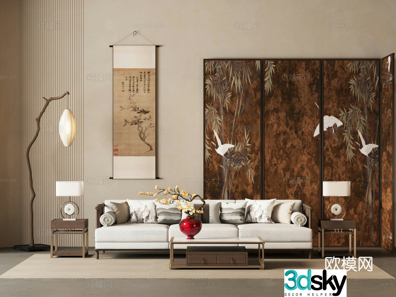 New Chinese living room small living room folding screen floor lamp sofa coffee table combination 3D model