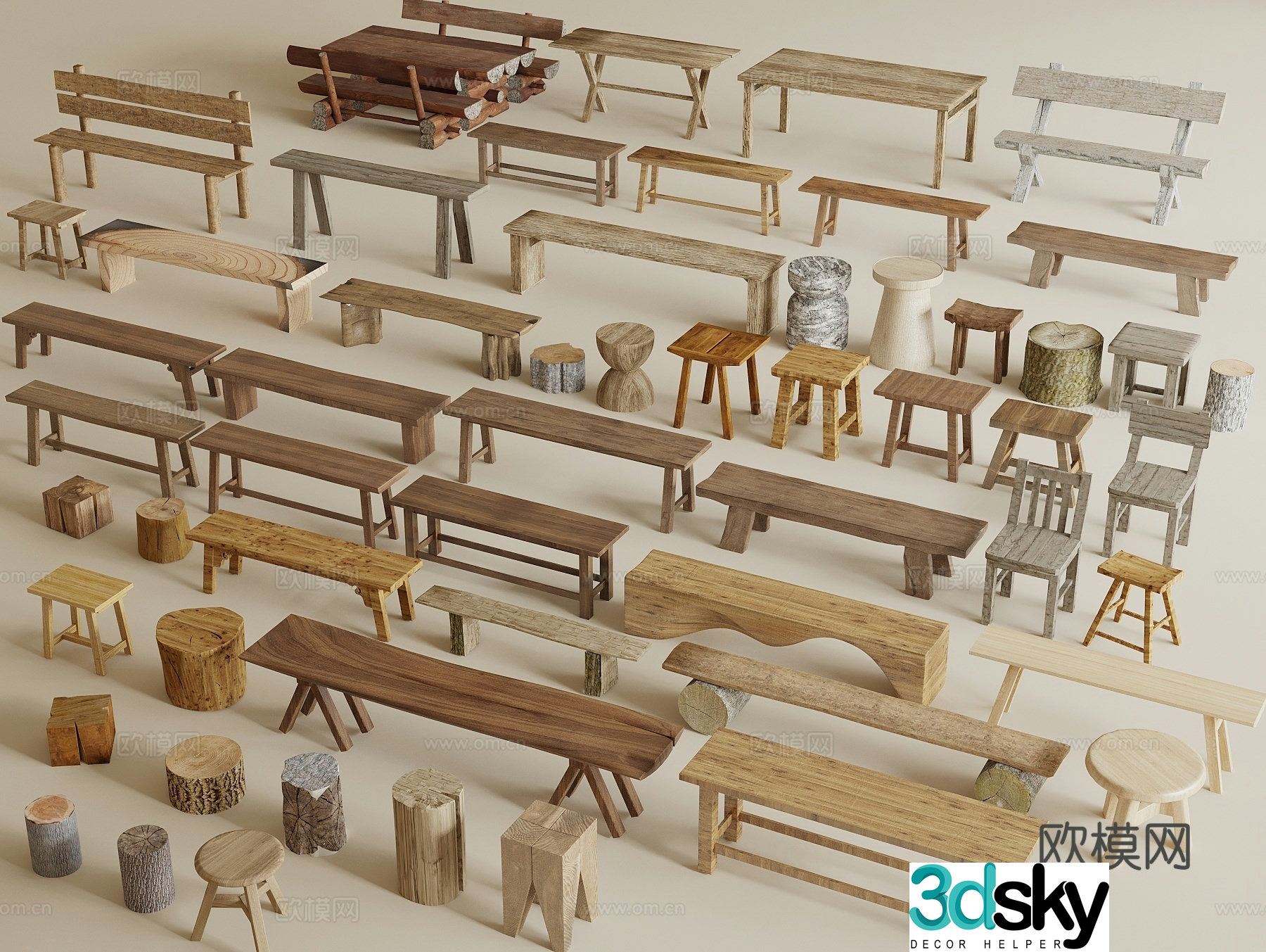 Wasabi long bench new Chinese bench shoe changing stool tree stump wooden stool round stool solid wood bench 3D model