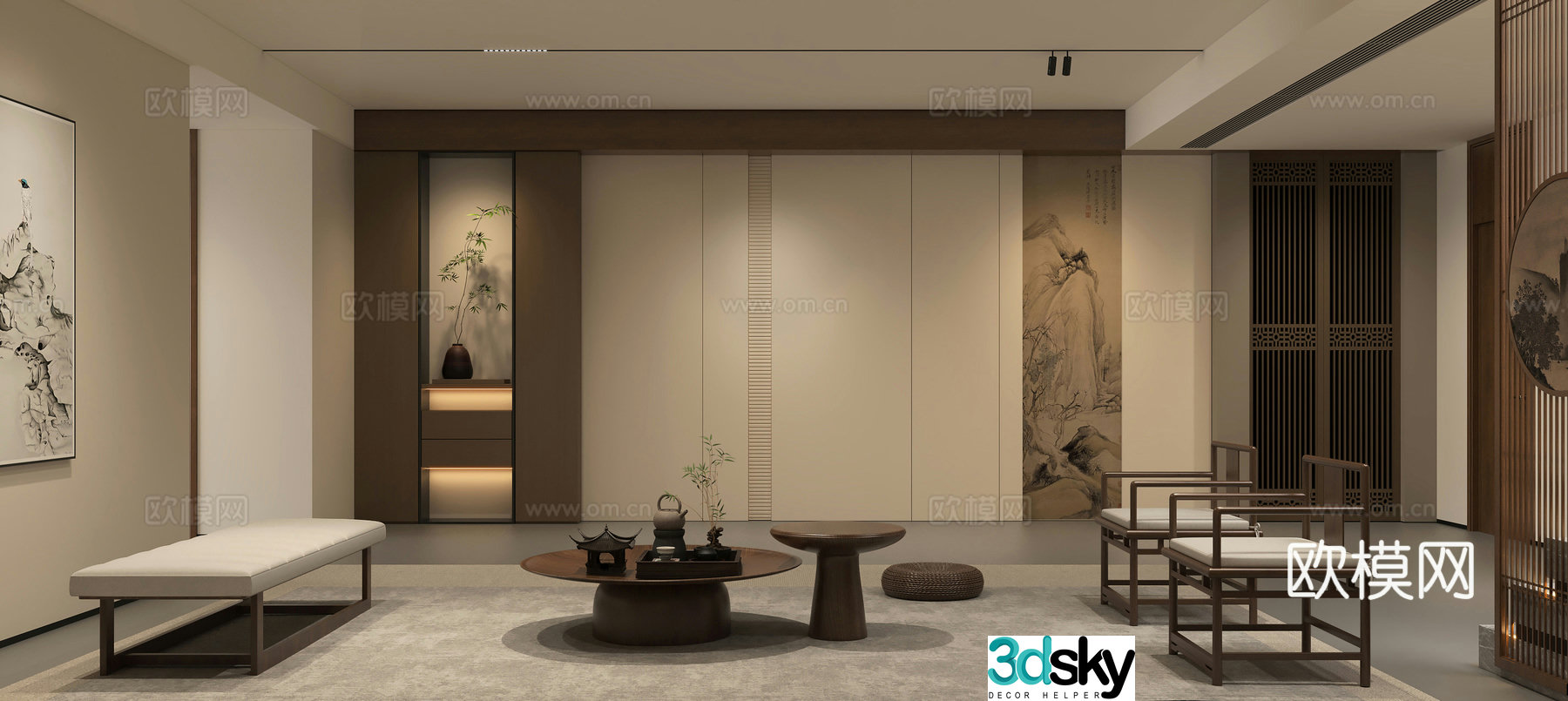 New Chinese style living room sofa Song’s living room coffee table combination Song’s Zen background wall Song’s wall painting wall 3D model