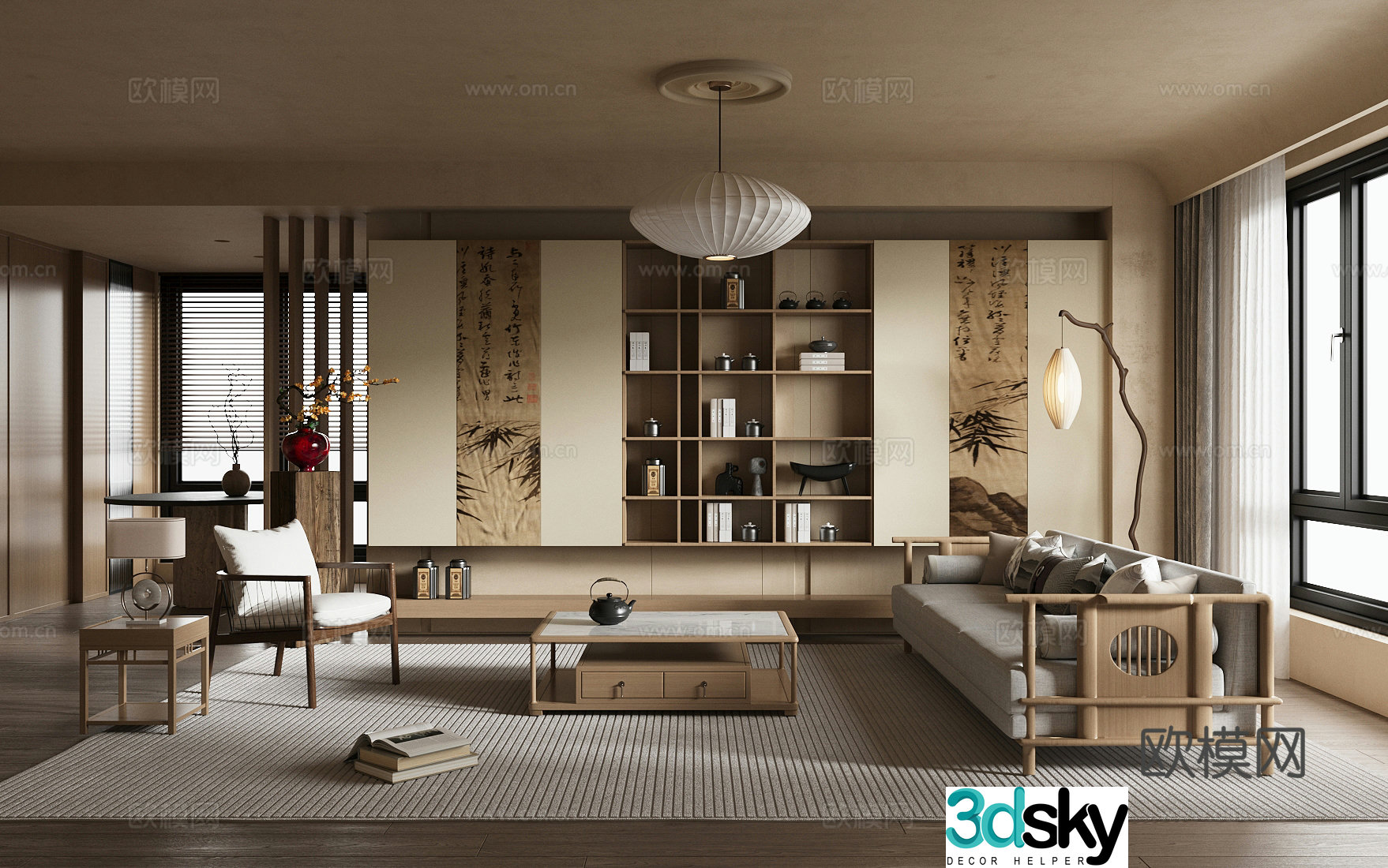 New Chinese-style home living room small living room sofa and coffee table combination solid wood tea cabinet 3D model