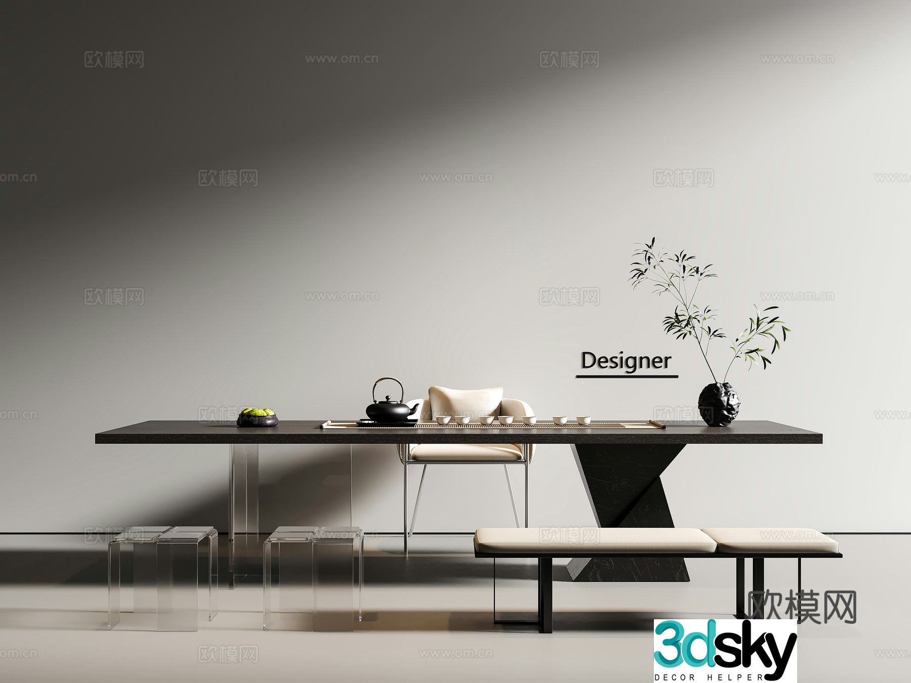 Modern simple tea table and chairs tea table tea chair tea set teapot tea table and chair 3d model