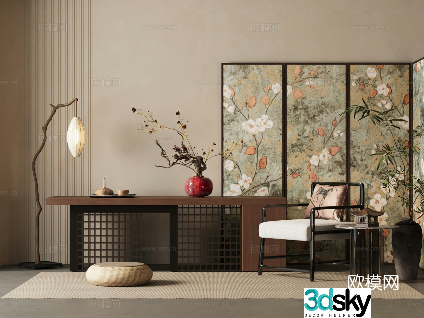 New Chinese style plan end view platform folding screen floral ornaments floor lamp 3D model