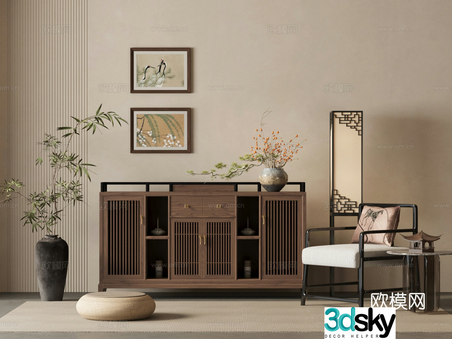 New Chinese style chest of drawers side cabinets single casual chairs floor lamps floral green plants 3D model