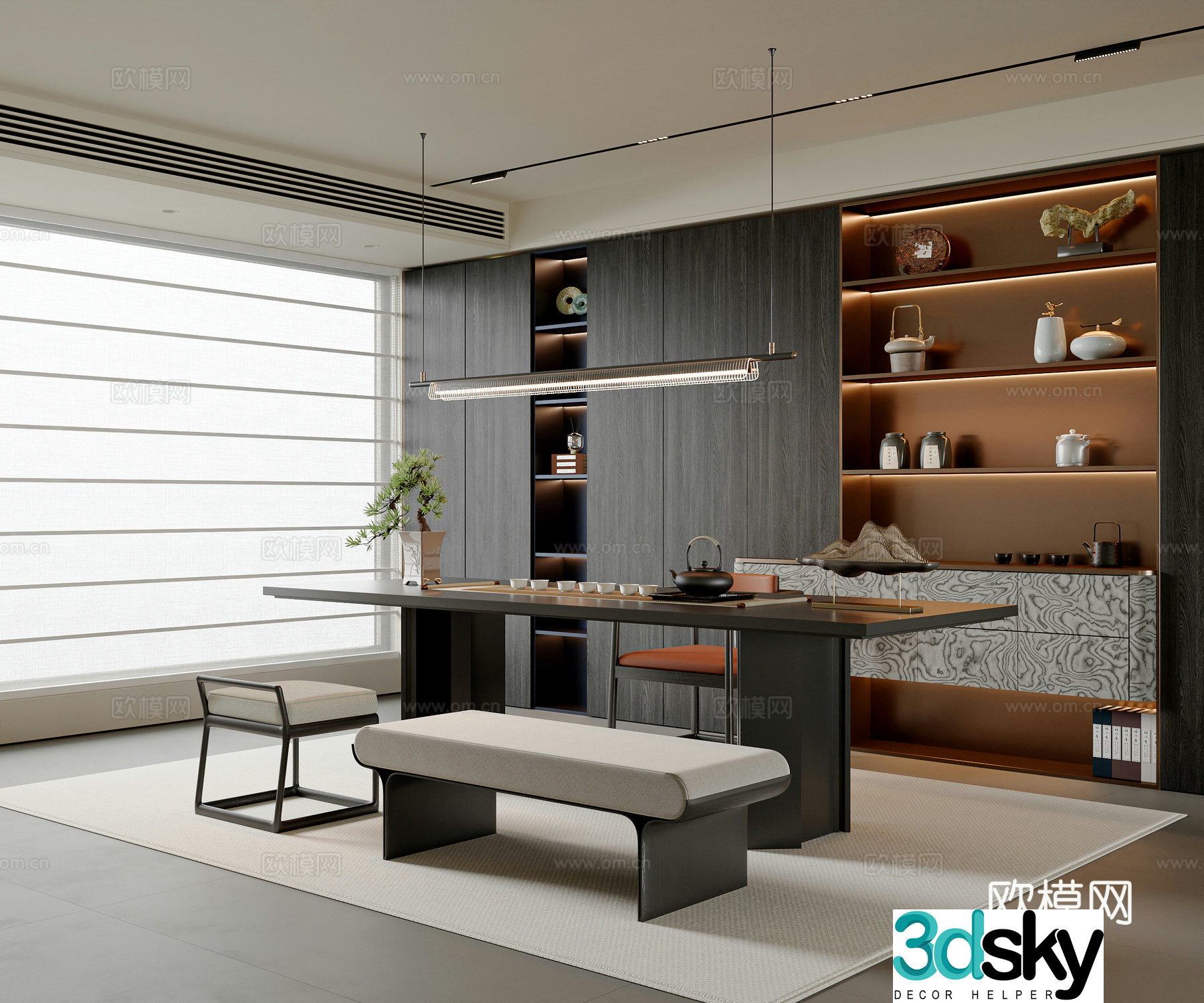 New Chinese-style Italian tea room tea table and chair combination tea room cabinet tea set tea chair chandeliers 3D model