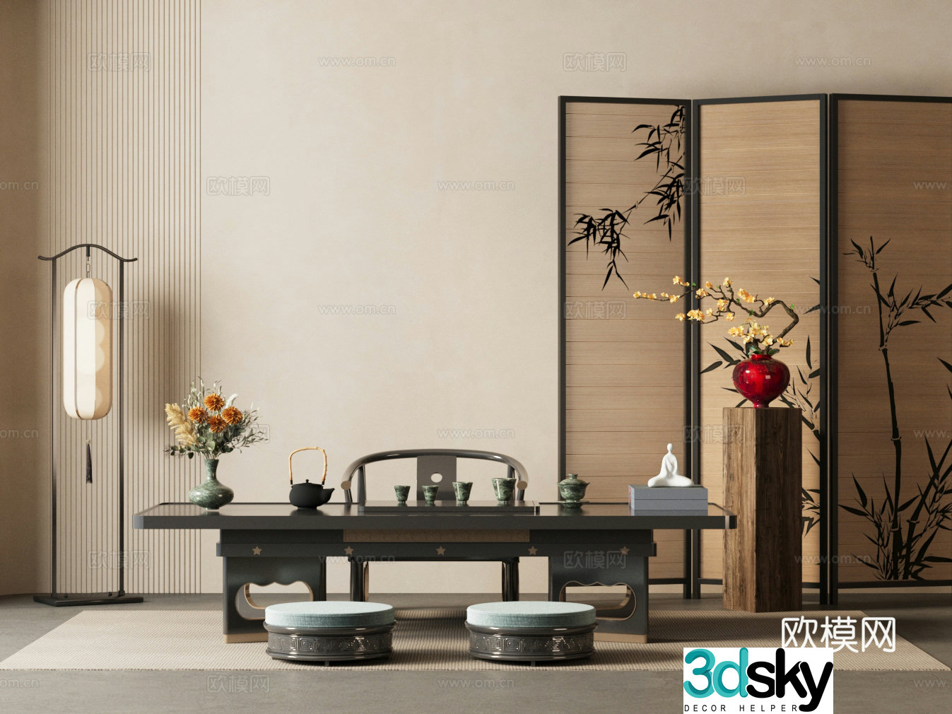New Chinese-style tea room Tatami tea room Folding screen Floor lamp Floral ornament 3D model