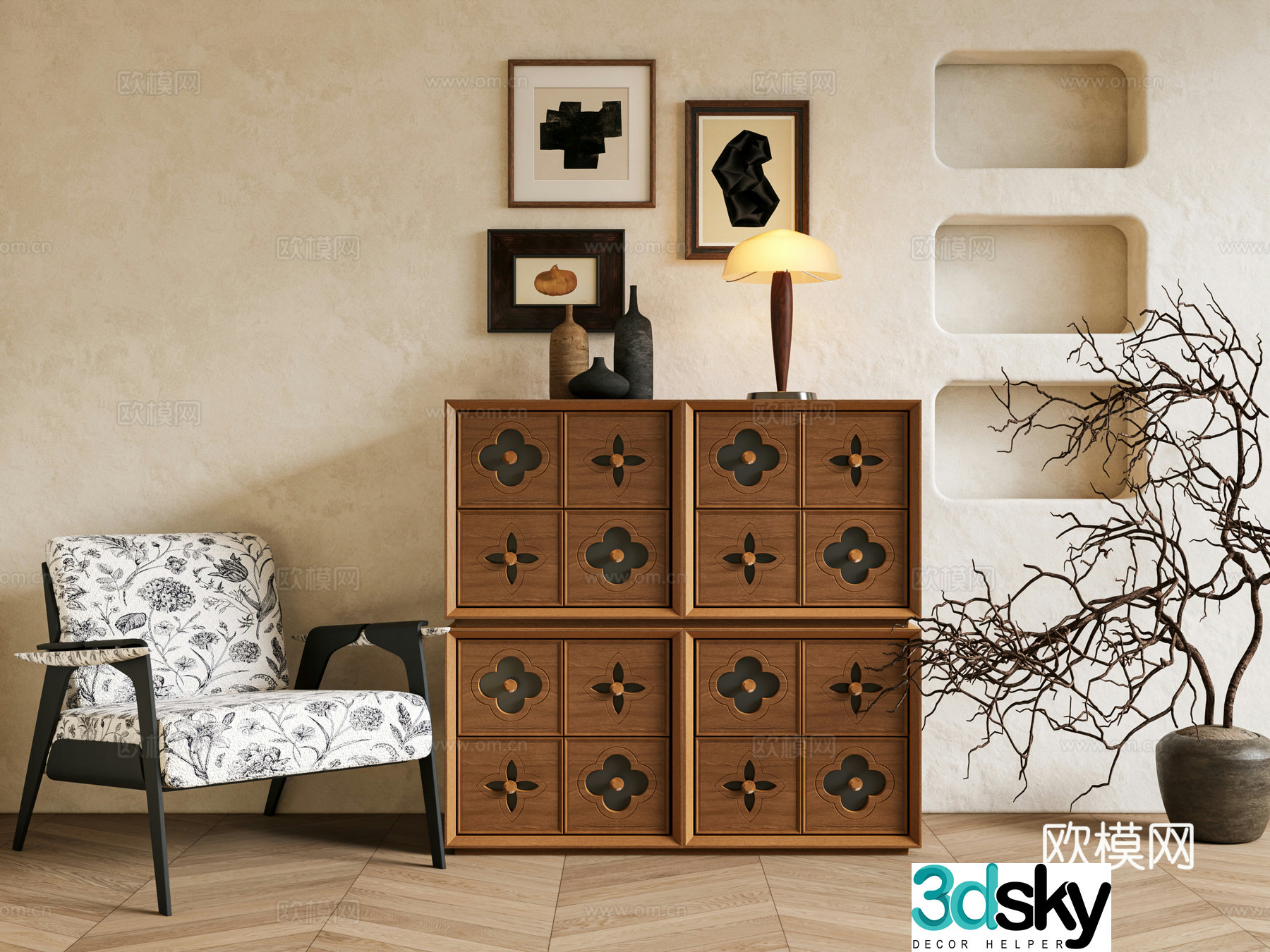 Middle-aged entrance cabinet chest of chest of chest of French casual chair French decorative painting sideboard retro sideboard 3D model